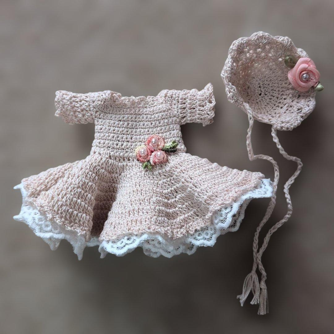 Hand Crocheted Mignonette Doll Outfit Dress Bonnet Set Cotton Beige 2pcs Me