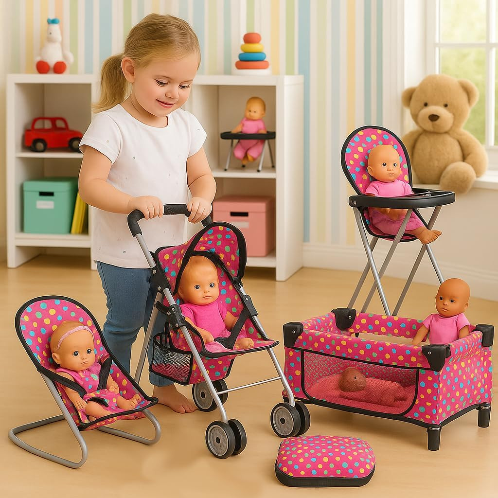 4 Piece Doll Play Set, Includes – 1 Pack N Play. 2 Doll Stroller 3.Doll High Cha