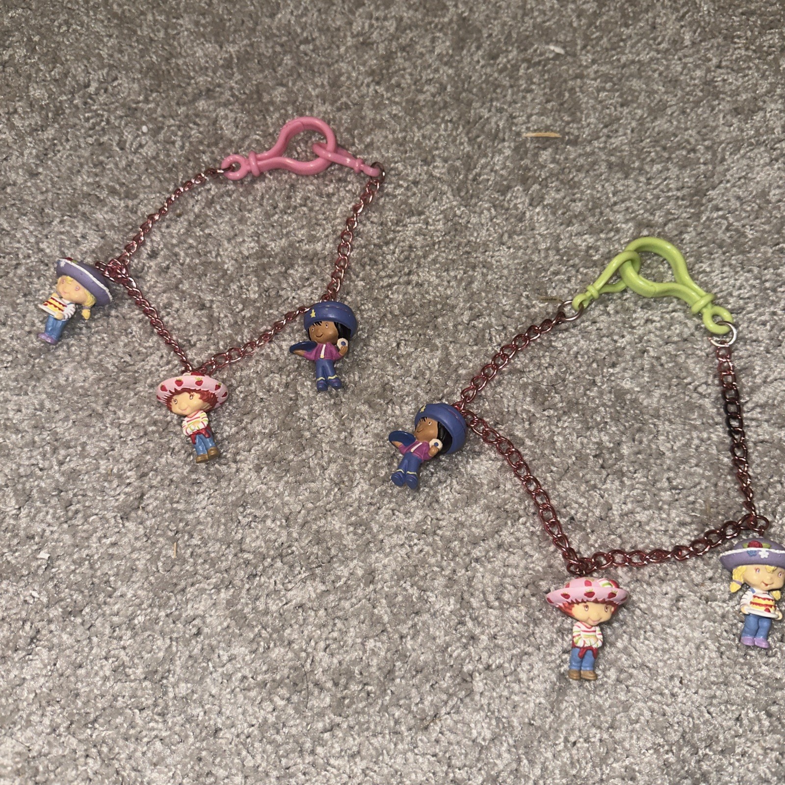 2 Vintage Strawberry Shortcake Pink Green Necklace with 3 Mini Dolls 1980’s