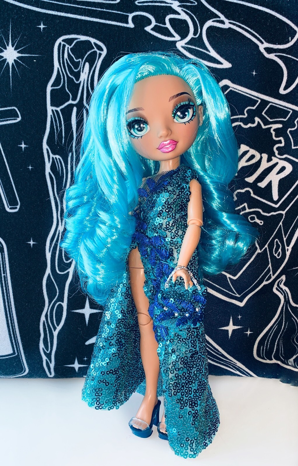 Rainbow High Custom Hali Blue Sequin Dress Purse Heels