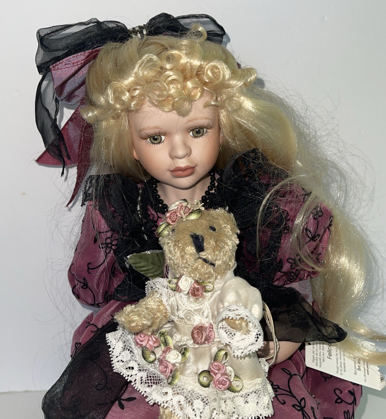 Geppeddo Felicia Porcelain Doll with Stool, Bear and Hand Tag Vintage Retired