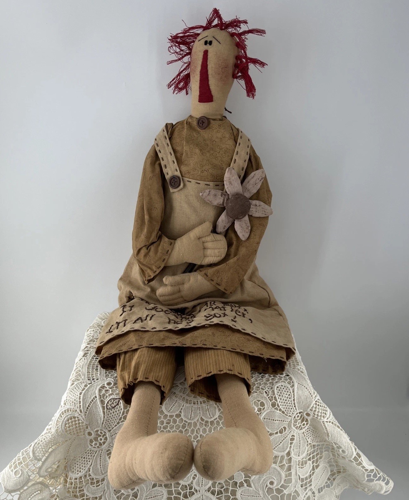 Retired Honey And Me Primitive Raggedy Ann He Loves Me 29″ Cloth Doll Folk Art
