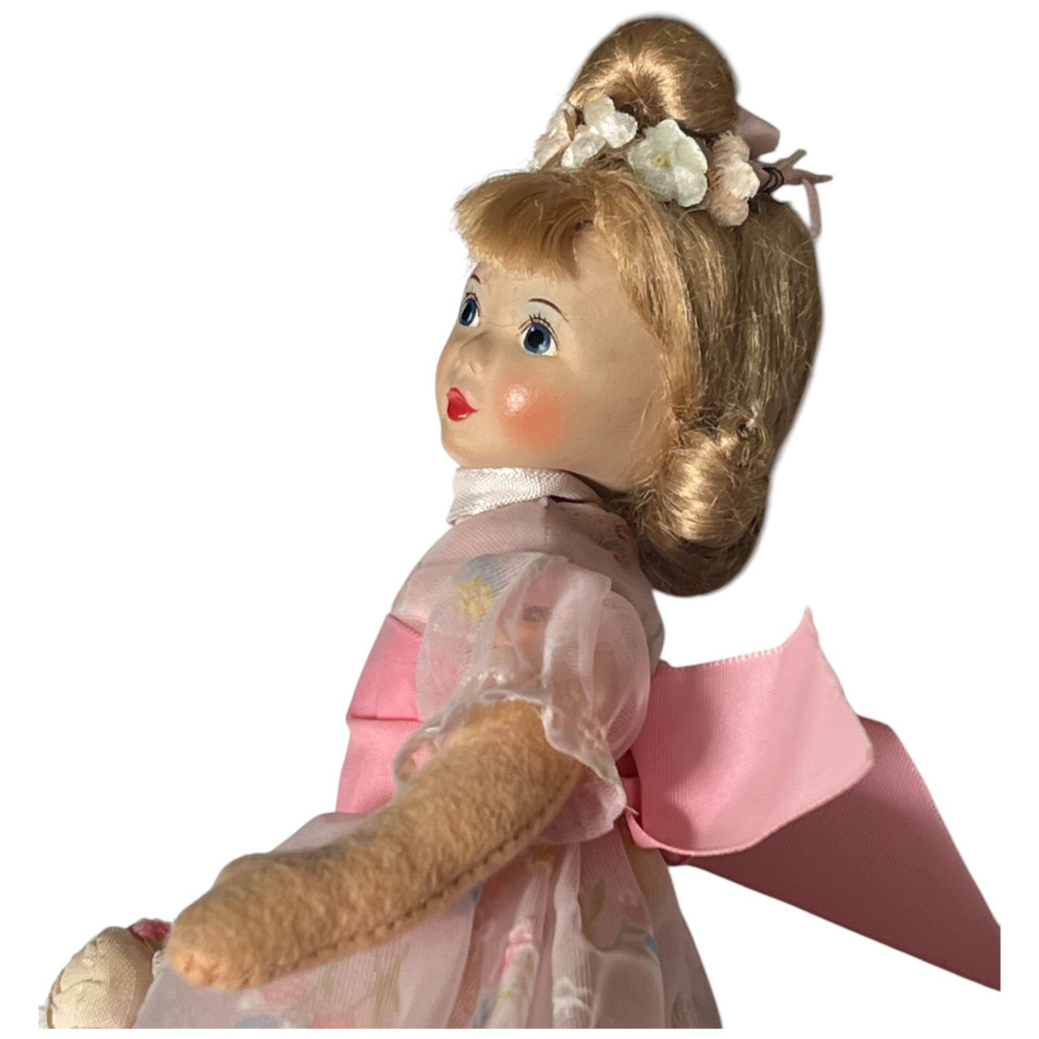 Artist Felt Cloth Composition Head Hand Painted Pink Dress Doll Flower Girl 9″