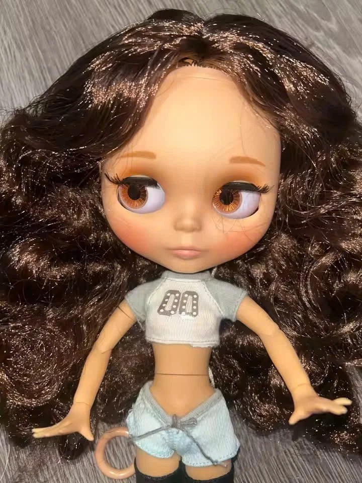 Neo Blythe Doll Matte Face Eyebrows Joint Body Tan Skin Brown Hair Wig Gift Toy