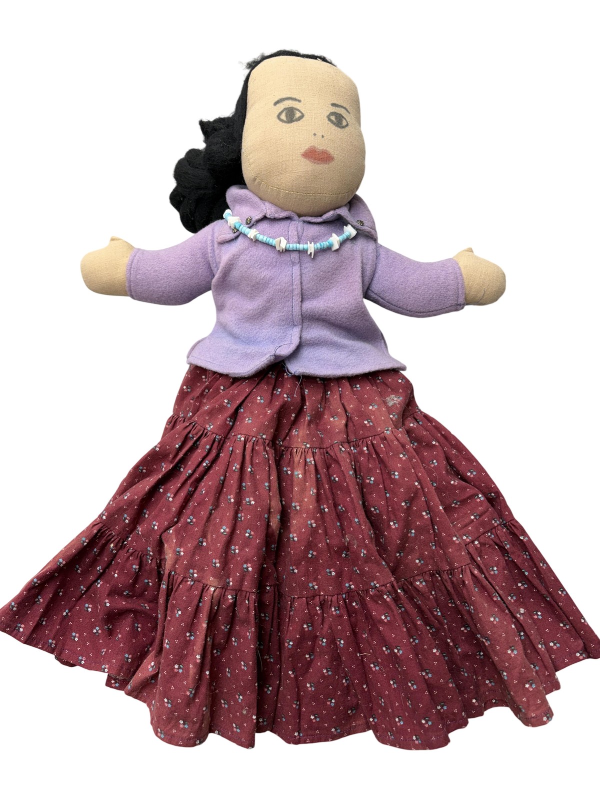 Handmade 20” Cloth Rag Doll Black Yarn Hair Purple Top Floral Skirt Necklace