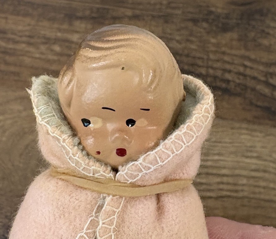 Vintage Composition Doll 3.5” Unmarked In Layette Blanket Baby Bisque