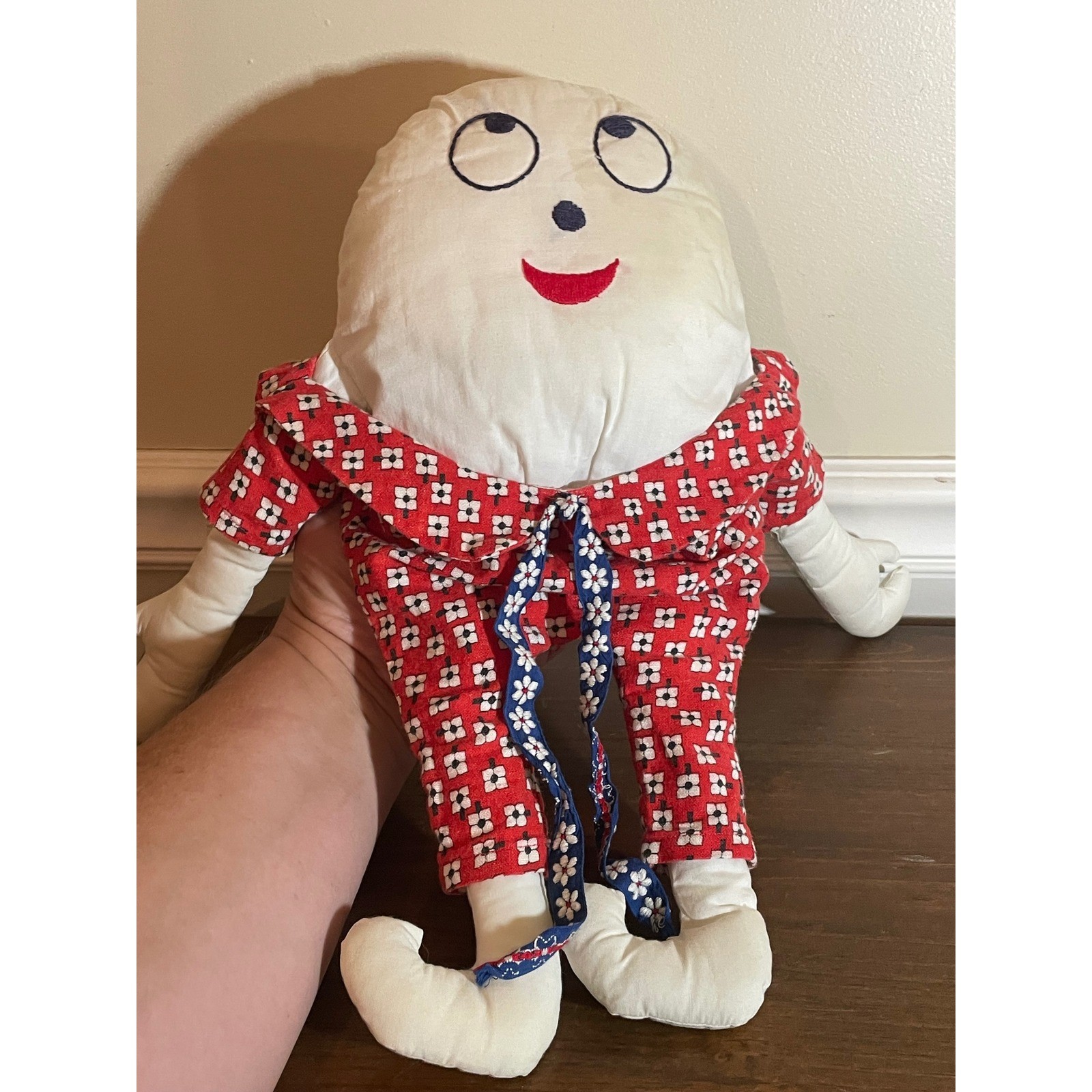 Vintage Humpty Dumpty Plush Doll Handmade Embroidered Folk Art Nursery Toy Red