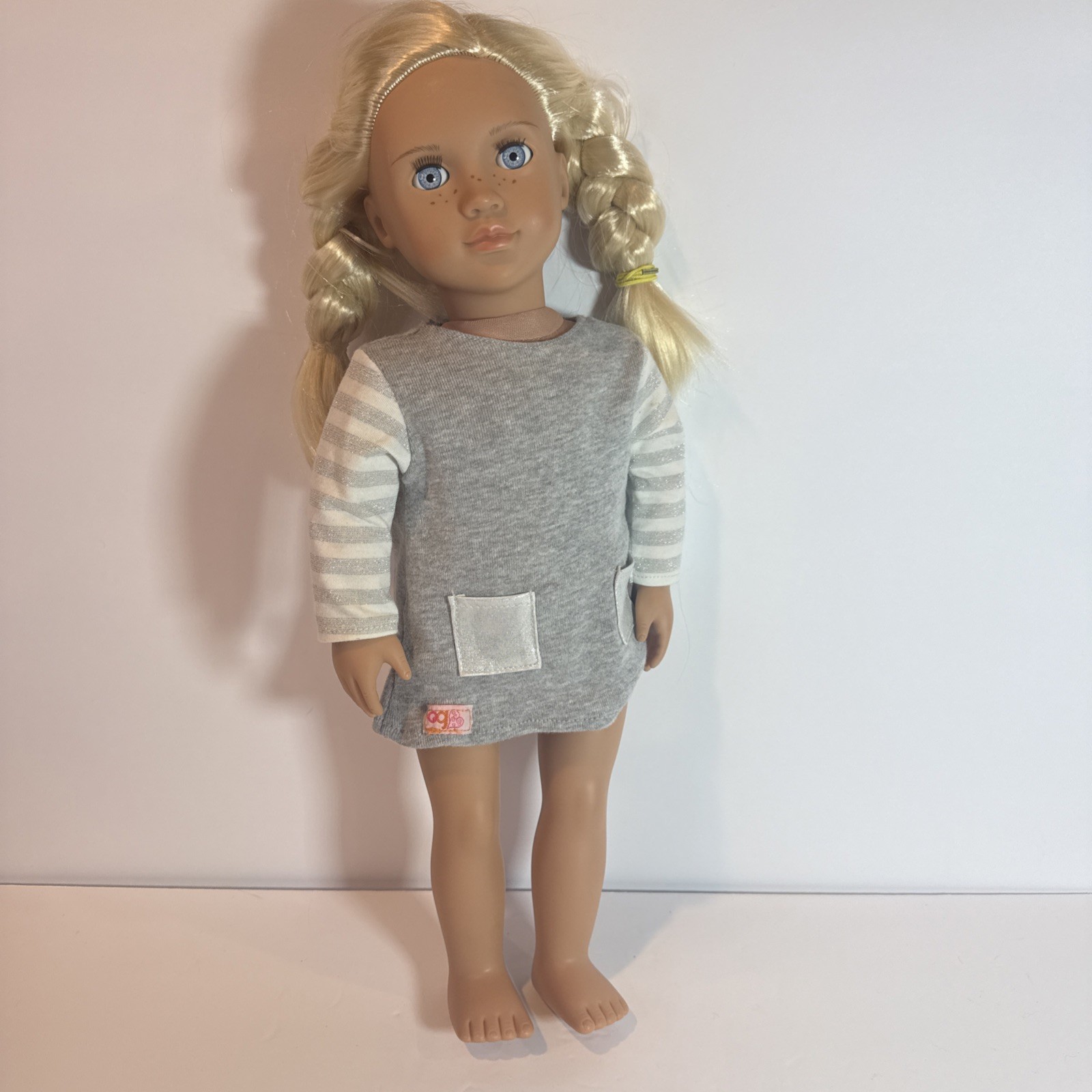 Our Generation 18″ Doll Blonde Hair Blue Eyes Freckles Gray Striped Dress Battat