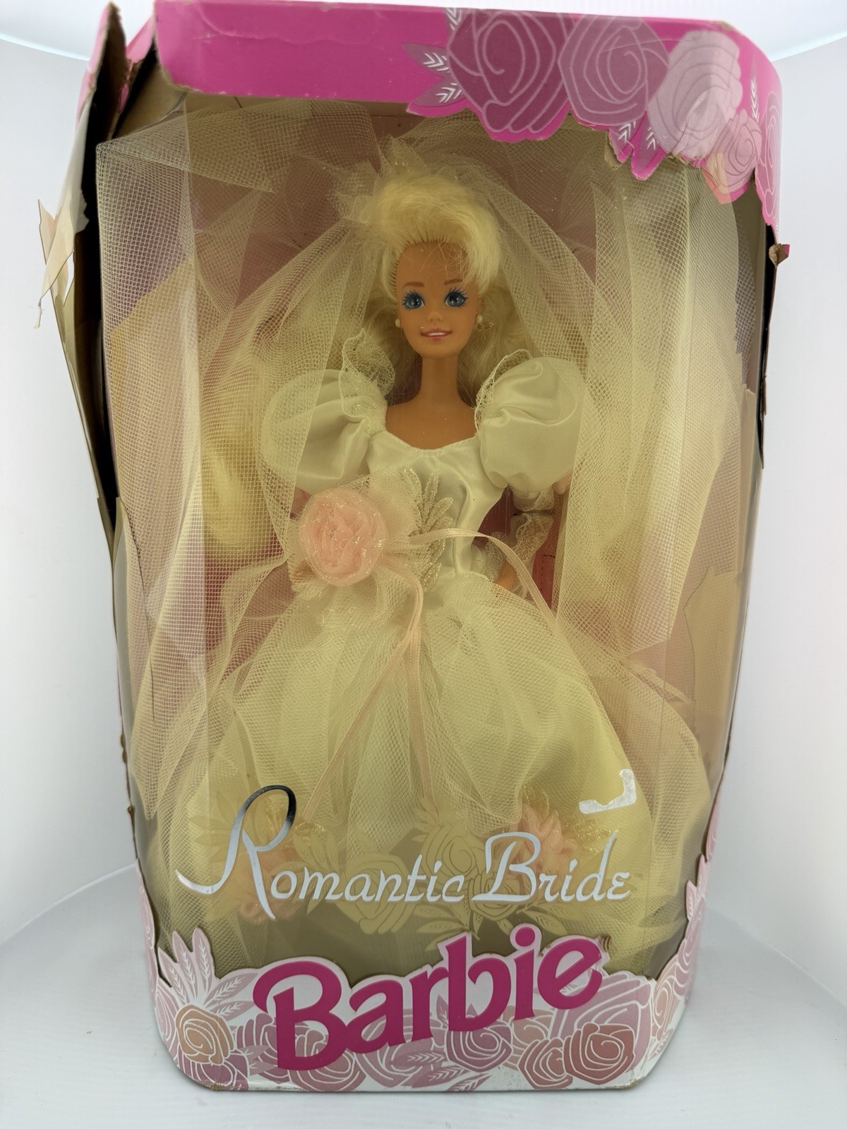 Vintage 1992 Mattel Romantic Bride Barbie Doll Pink Rose #1861 NRFB Damaged Box