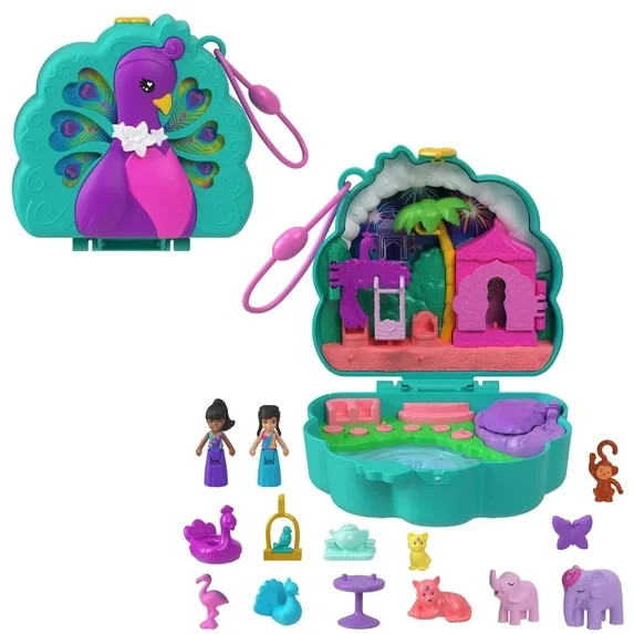 Polly Pocket Peacock Garden Compact with 2 Micro Dolls and Pets, Travel Toy