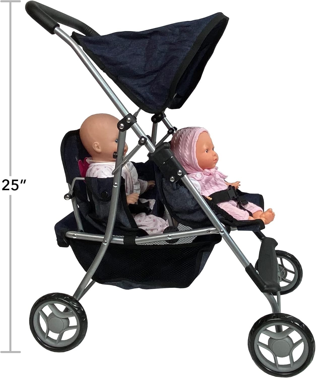 First Twin Stroller in Denim Blue with Pink Hearts – Perfect Gift for Toddlers