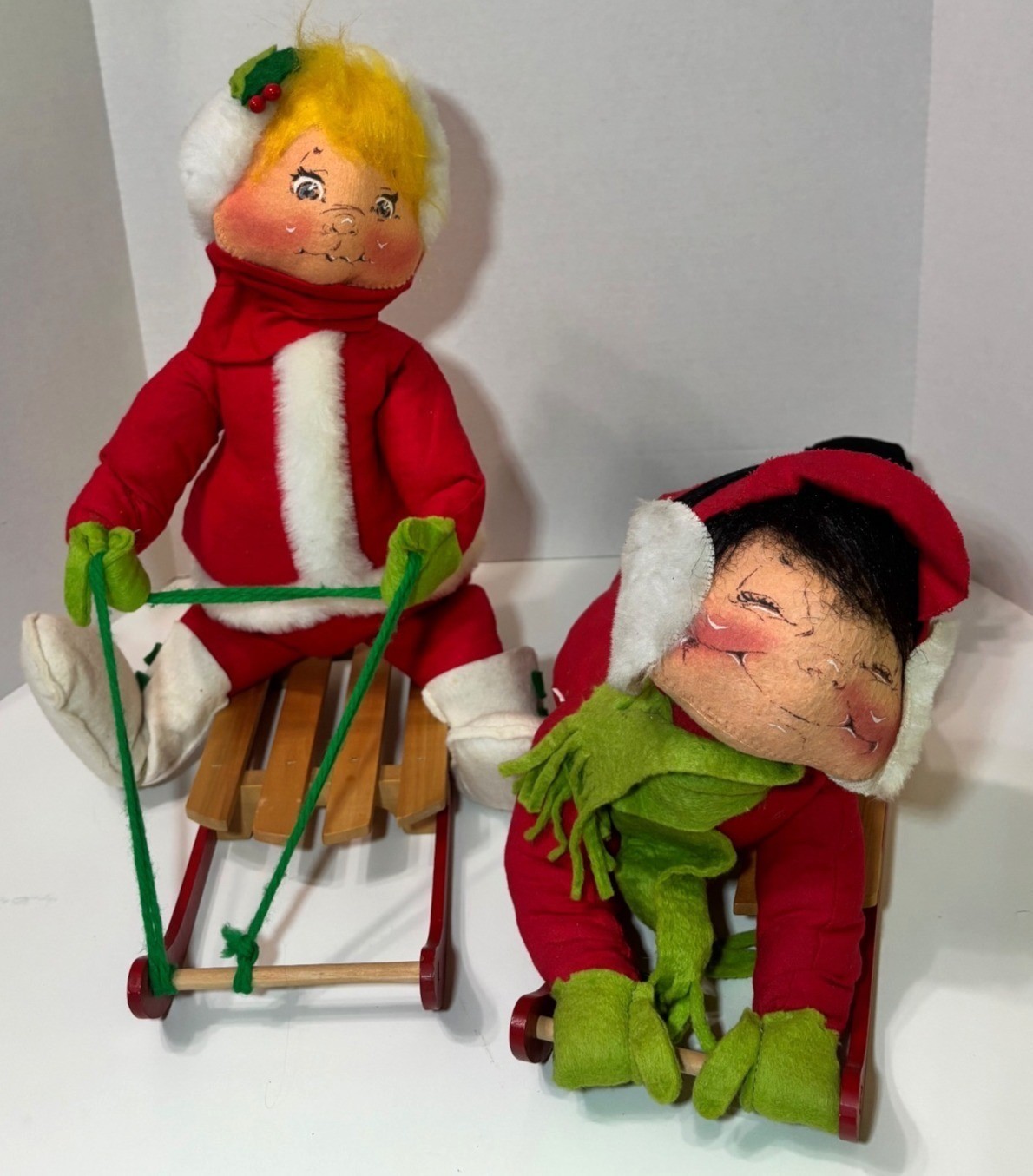 ANNALEE 18” Mobilitee Girl and Boy Doll on Sleigh Sleds Christmas