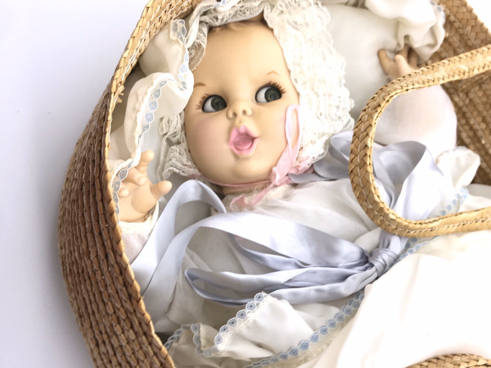 Atlanta Novelty Company Gerber Christening Baby Doll in Basket 1970’s.