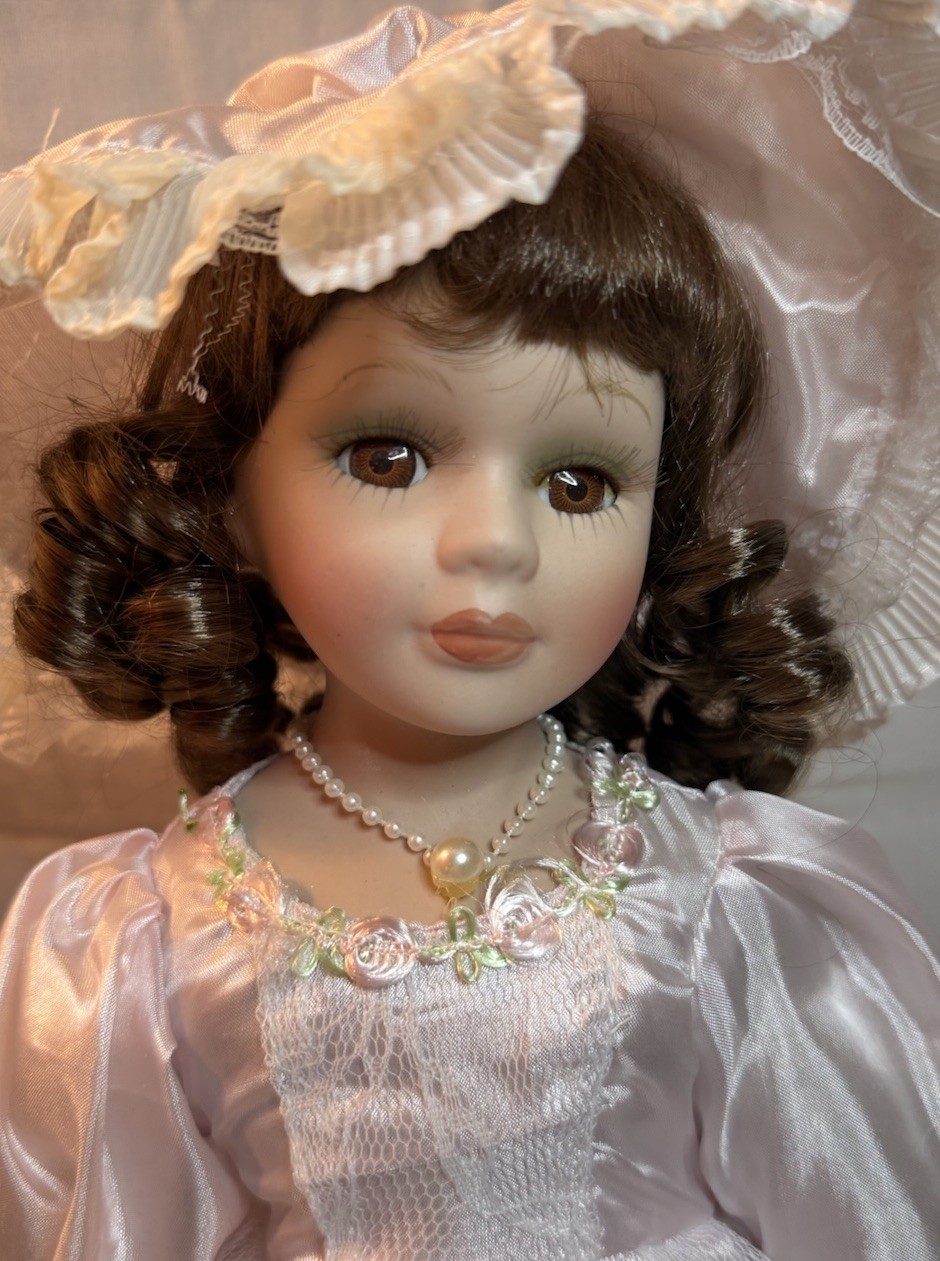 Vintage Style Porcelain Collector Doll Brunette Ringlets Pink Lace Dress Bonnet