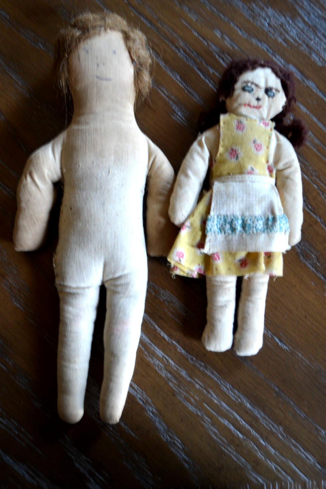 Two Early Antique Handmade Dolls Sweet Memories Drawn Faces