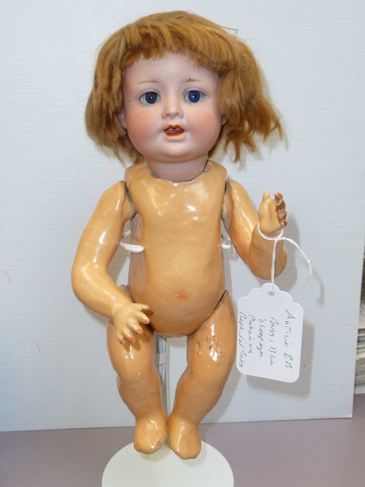 11 1/2″ Antique 2B Bisque Baby Doll Blue Sleep Eyes, Mohair Repainted Body #L