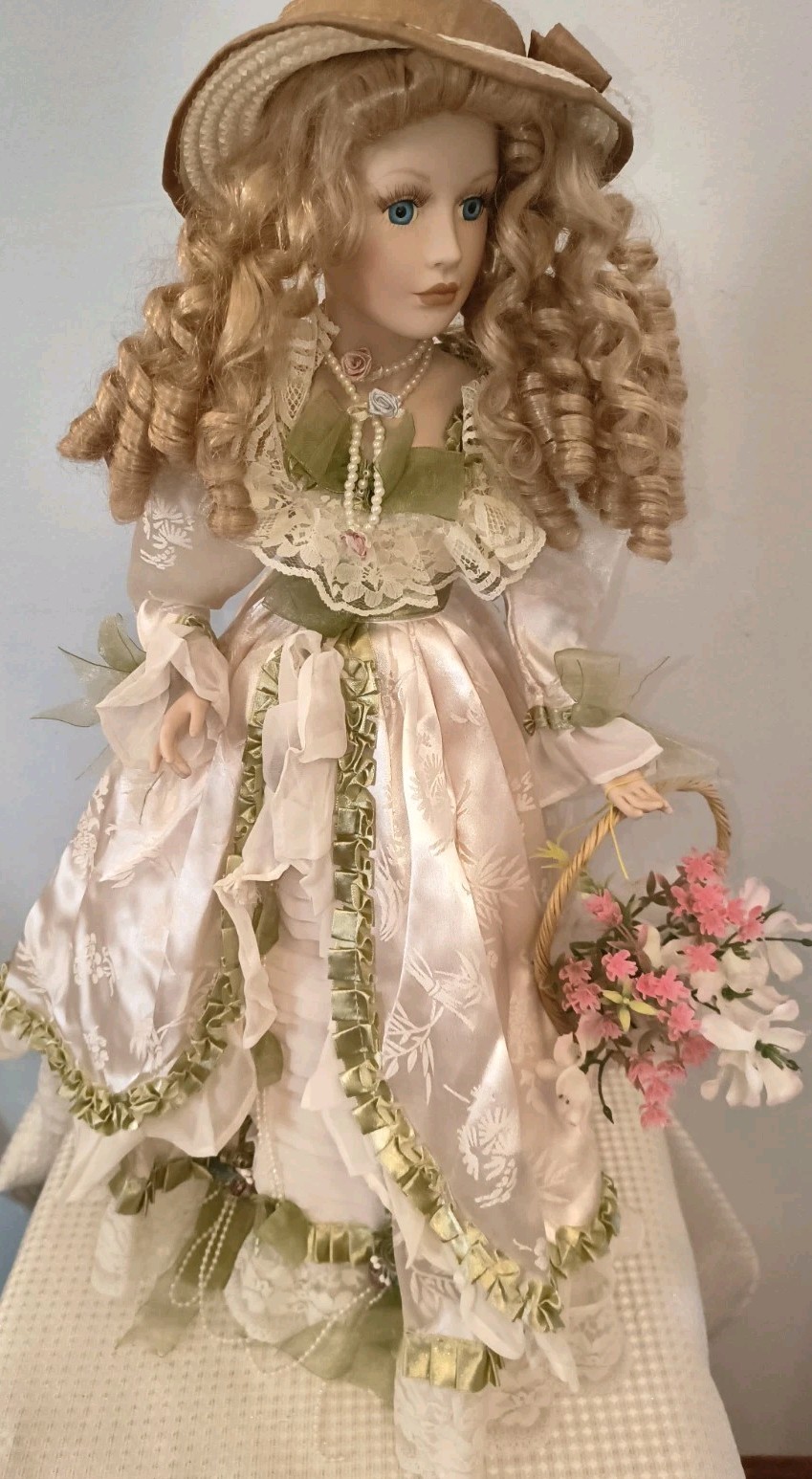 Vtg. Emerald Doll Collection Victorian Porcelain Doll 22” Ivory Dress W Basket