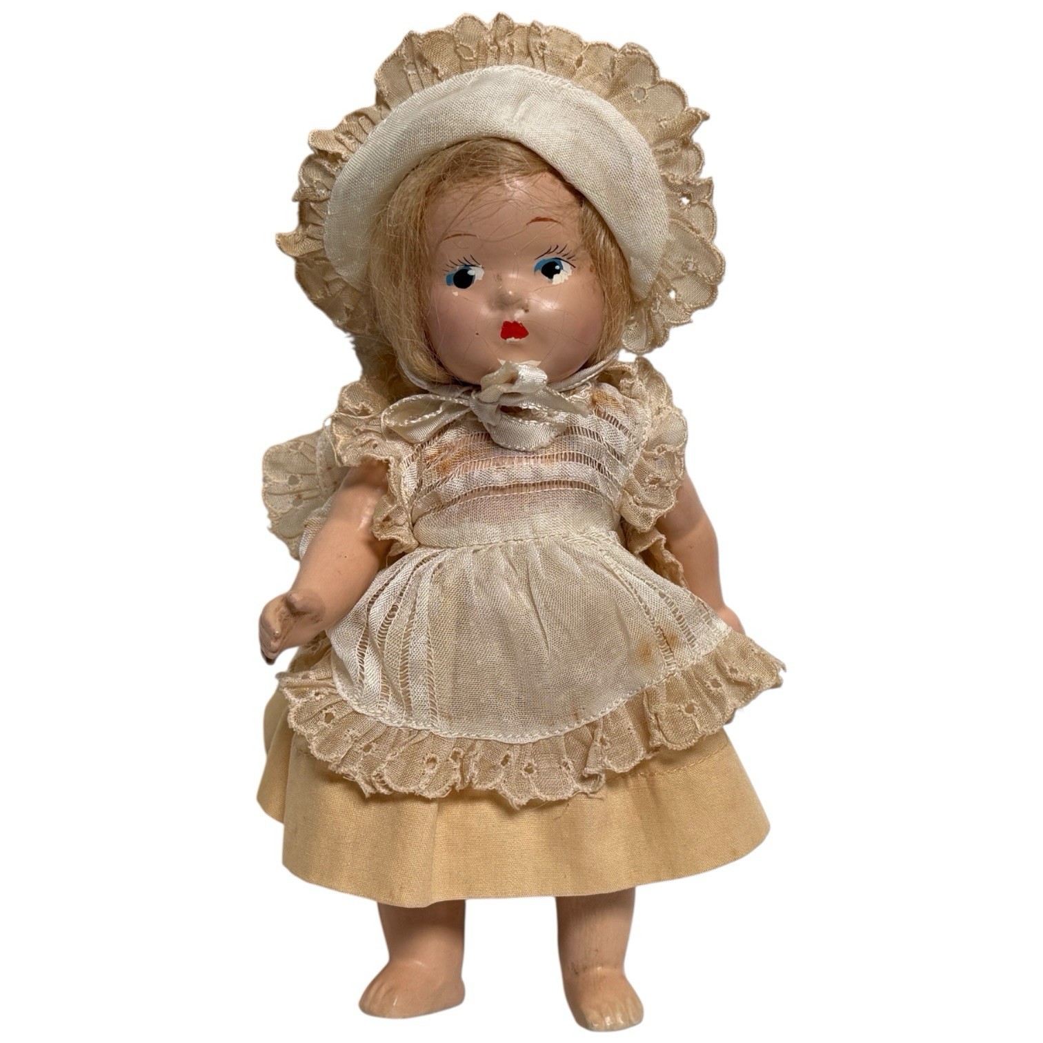 Vintage Vogue Toddles Doll 8″ 1940s Composition Original Outfit Bonnet Marked