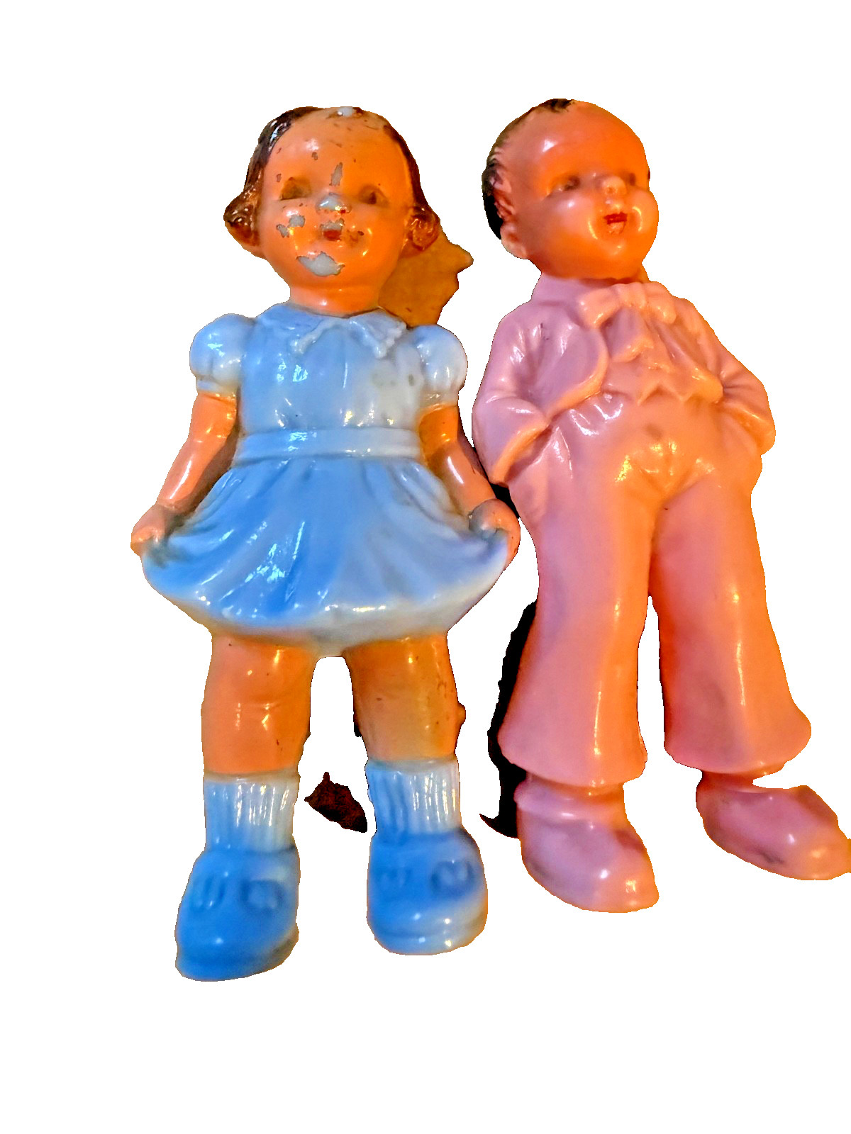 Two Vintage Hard Plastic Boy and Girl Dolls Blue and Pink Brunette