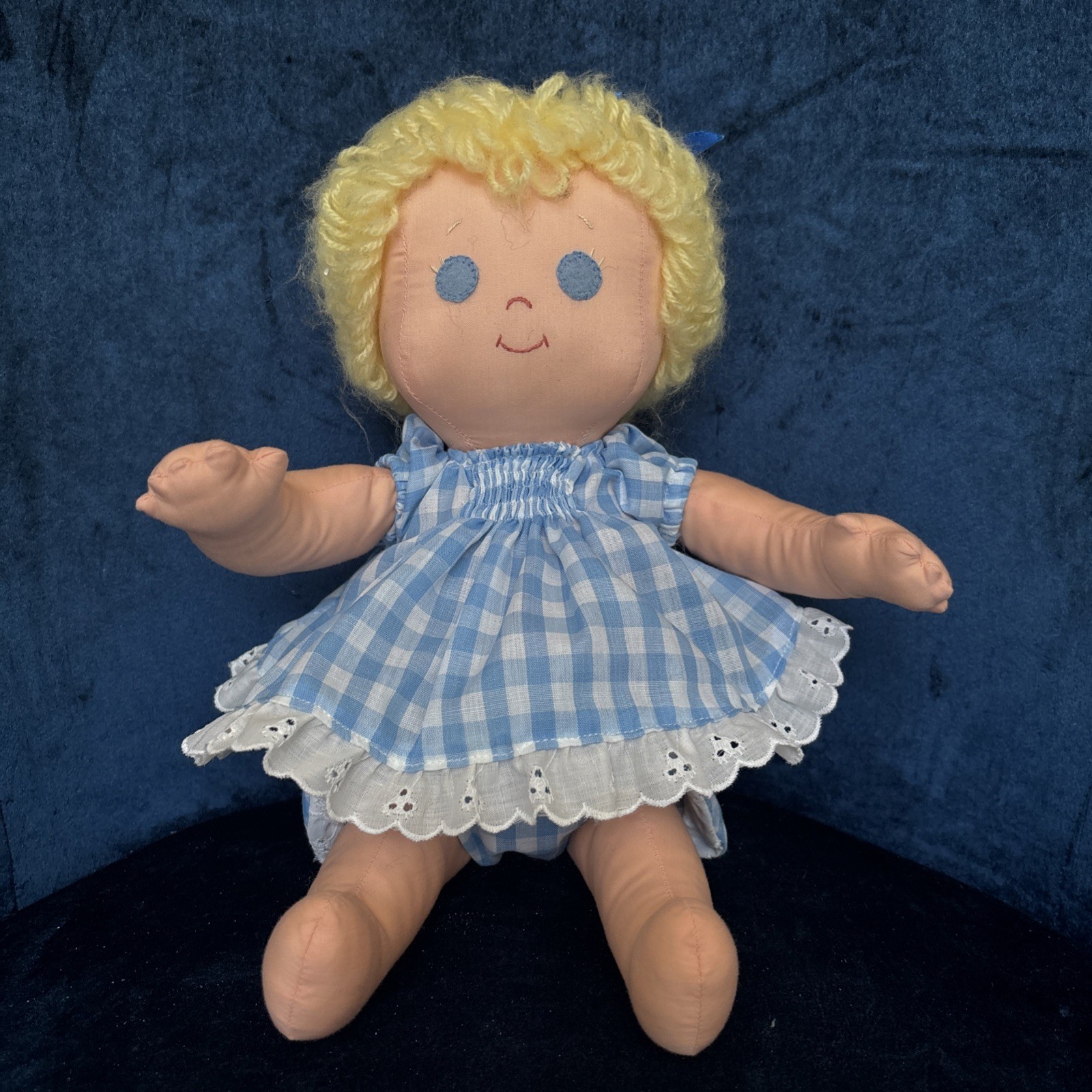 Vintage Softies by Silvia Handmade Cloth Rag Doll Girl Blue Gingham Dress 13 in