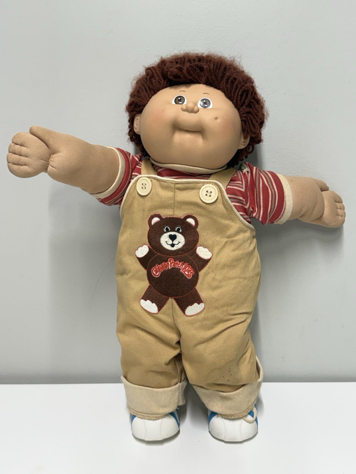 Vintage 1985 Cabbage Patch Kids Boy Doll Yarn Hair Bear Overalls Striped Shirt