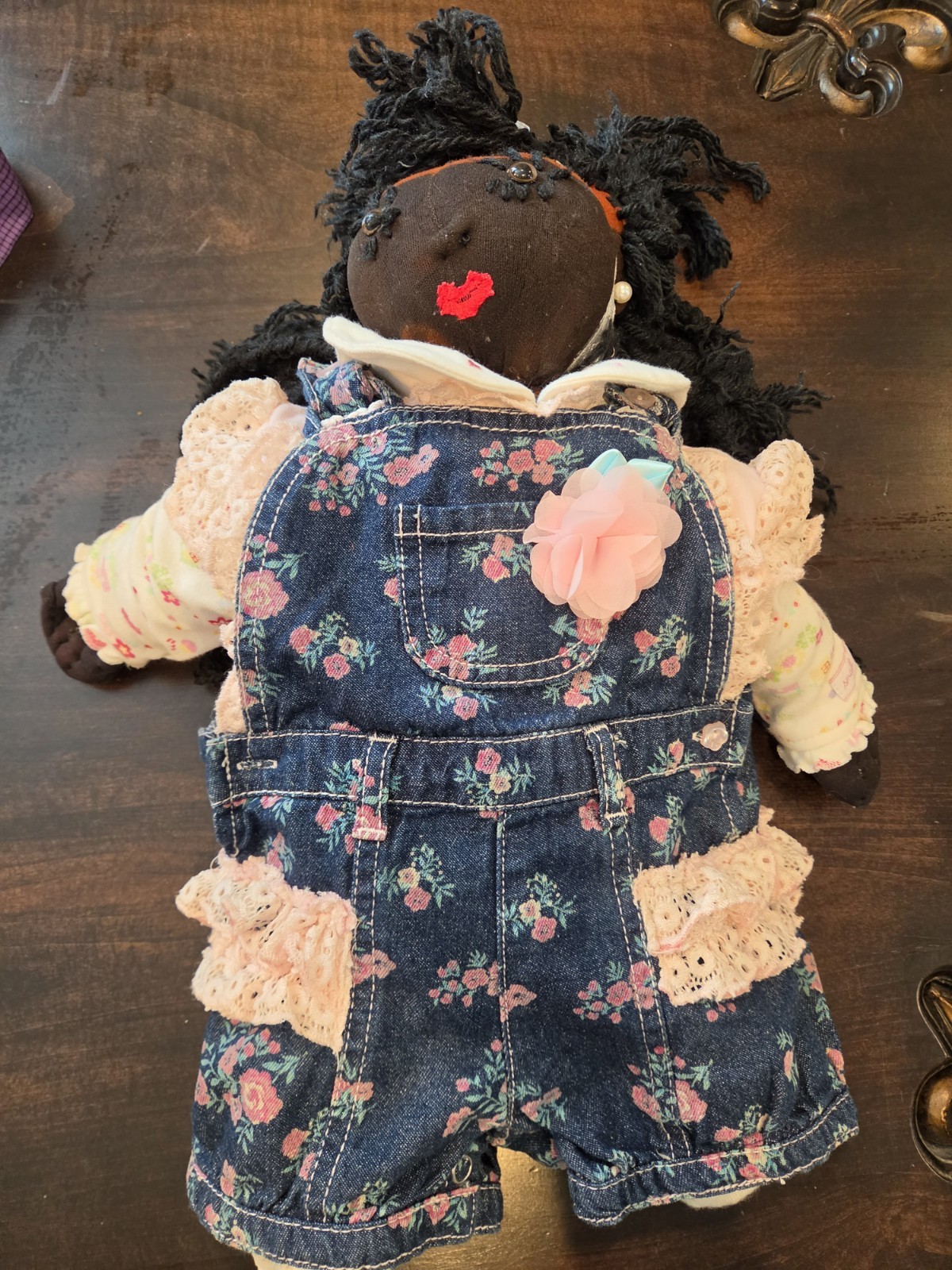 Rare Vintage Handmade African American Rag Cloth Doll Black Yarn Hair