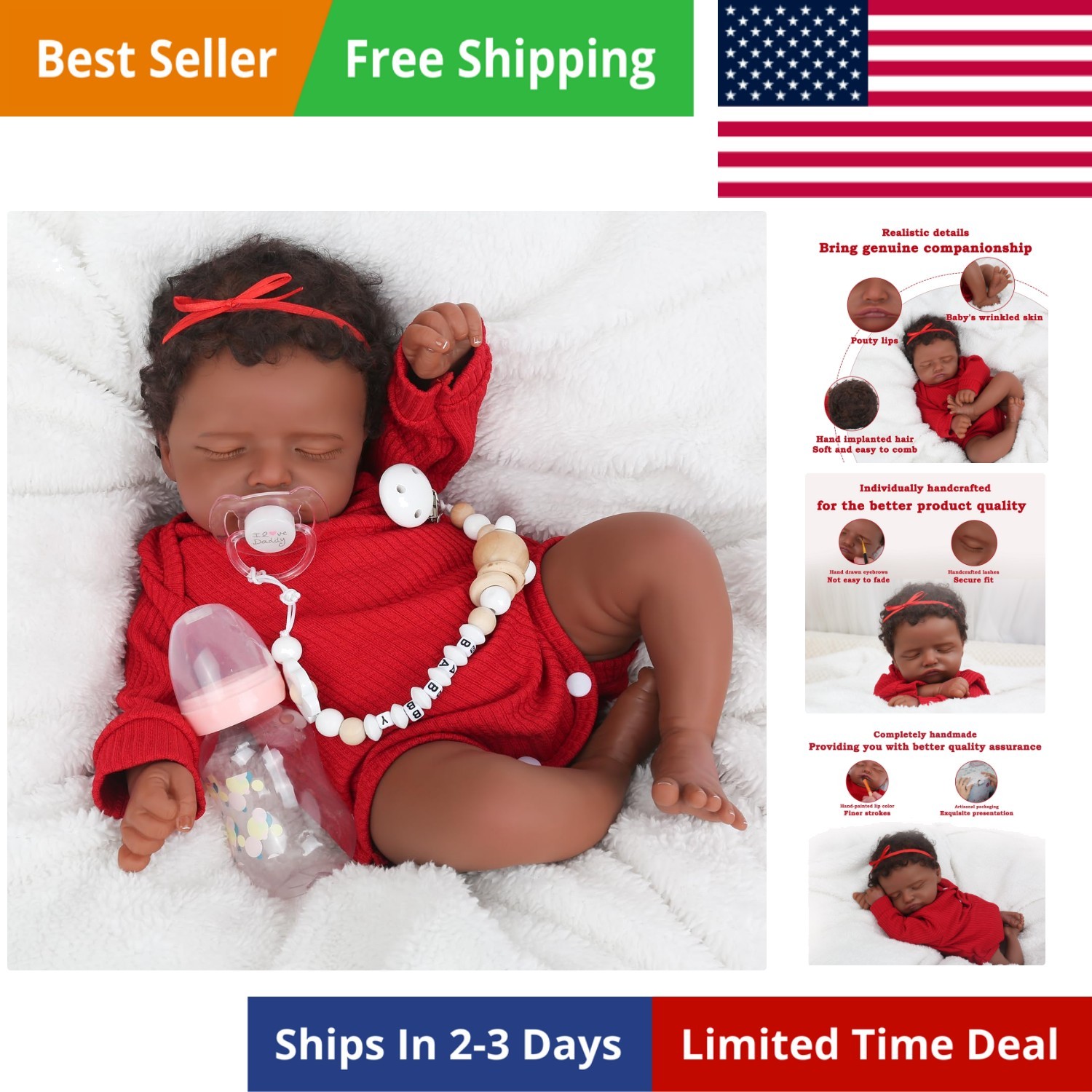 Realistic 18 Inch Reborn Baby Doll – African American Sleeping Newborn Handcr…