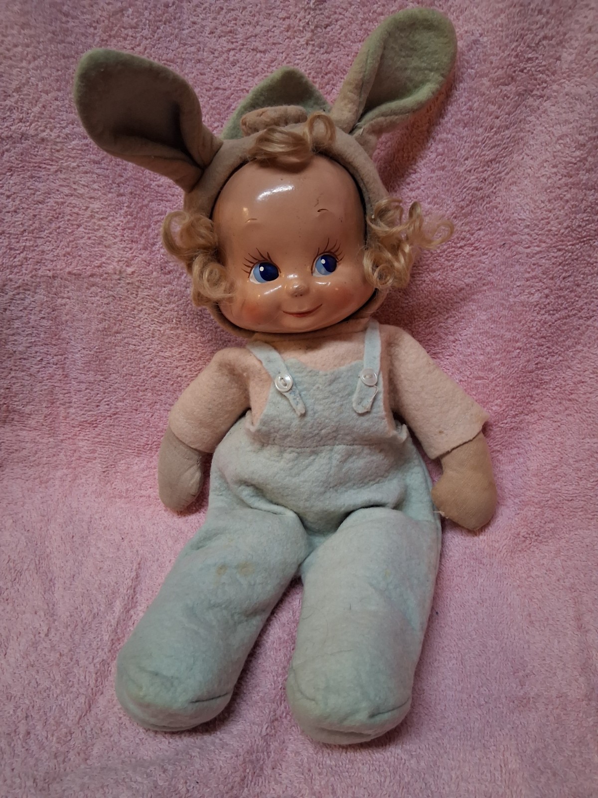 Vintage-Rare 3-FACE TRUDY BUNNY DOLL Composition and Cloth Knob still works!