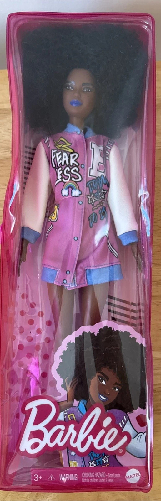 Barbie Fashionistas Doll#156 fearless African American Blue Lipstick Pink Jacket