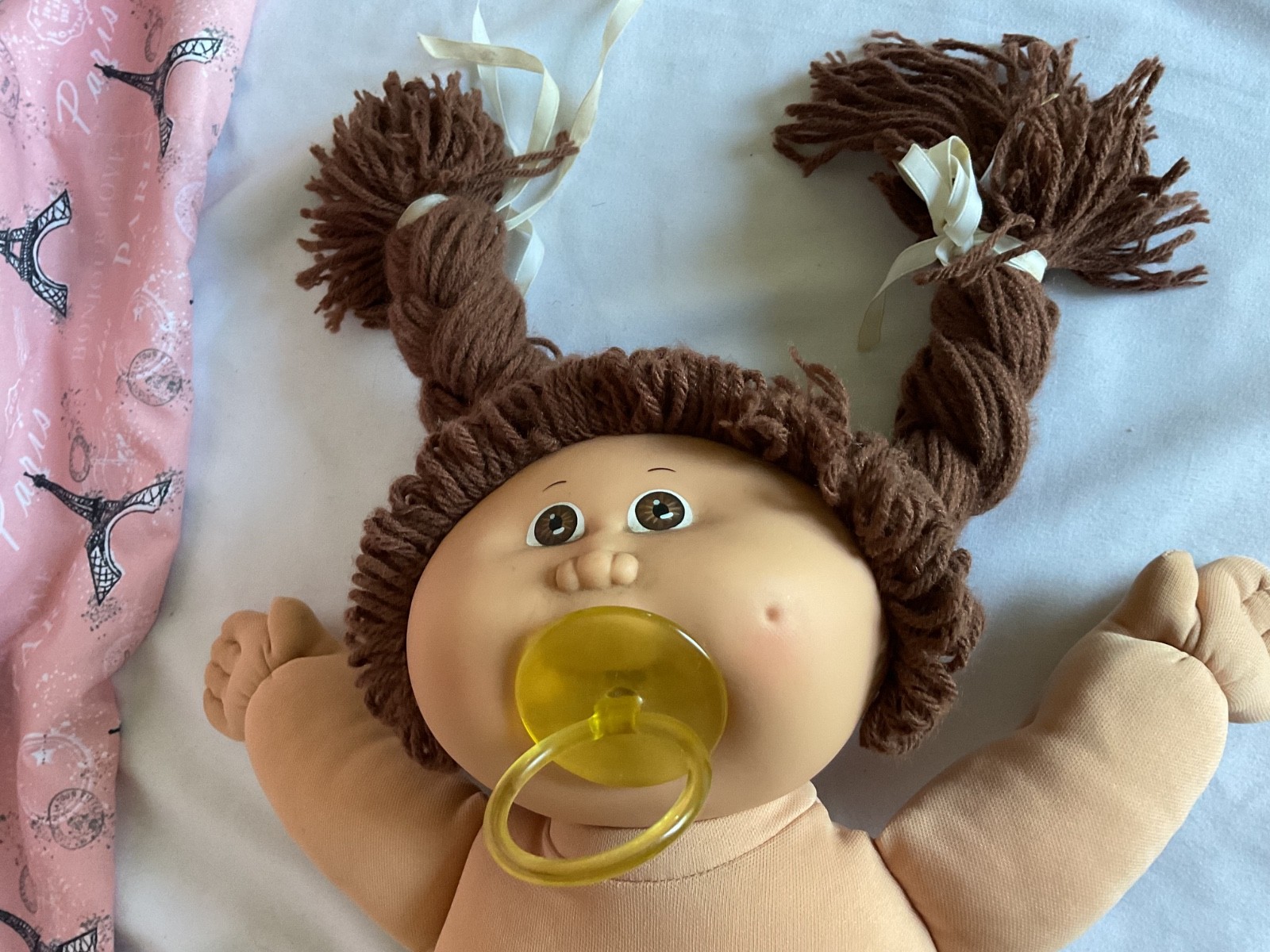 Cabbage Patch Kids Doll, Brown braided ponytails , dimples with pacifier