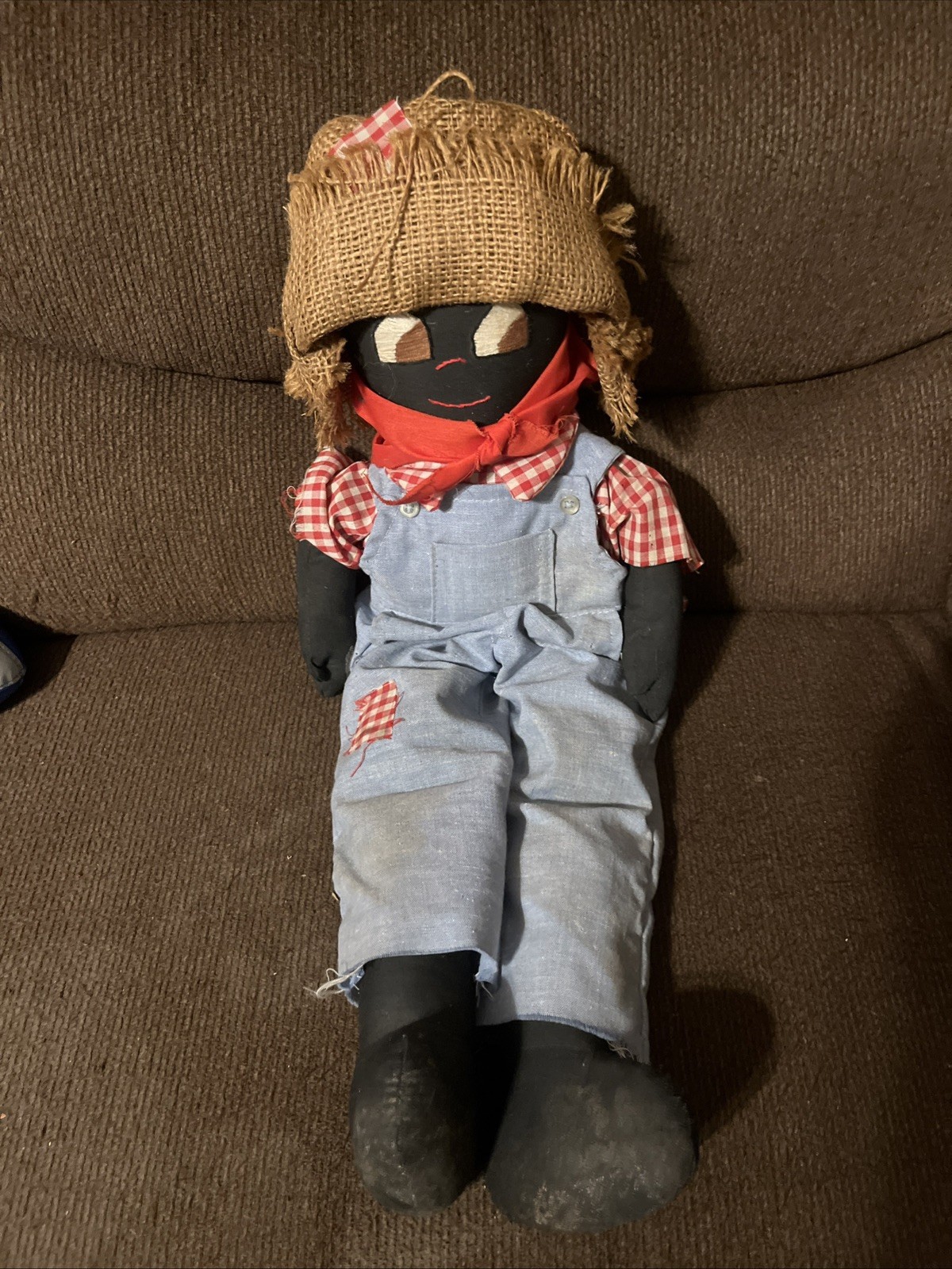 Large Folk art vintage rag doll. African American man dressed in overalls! Nice!