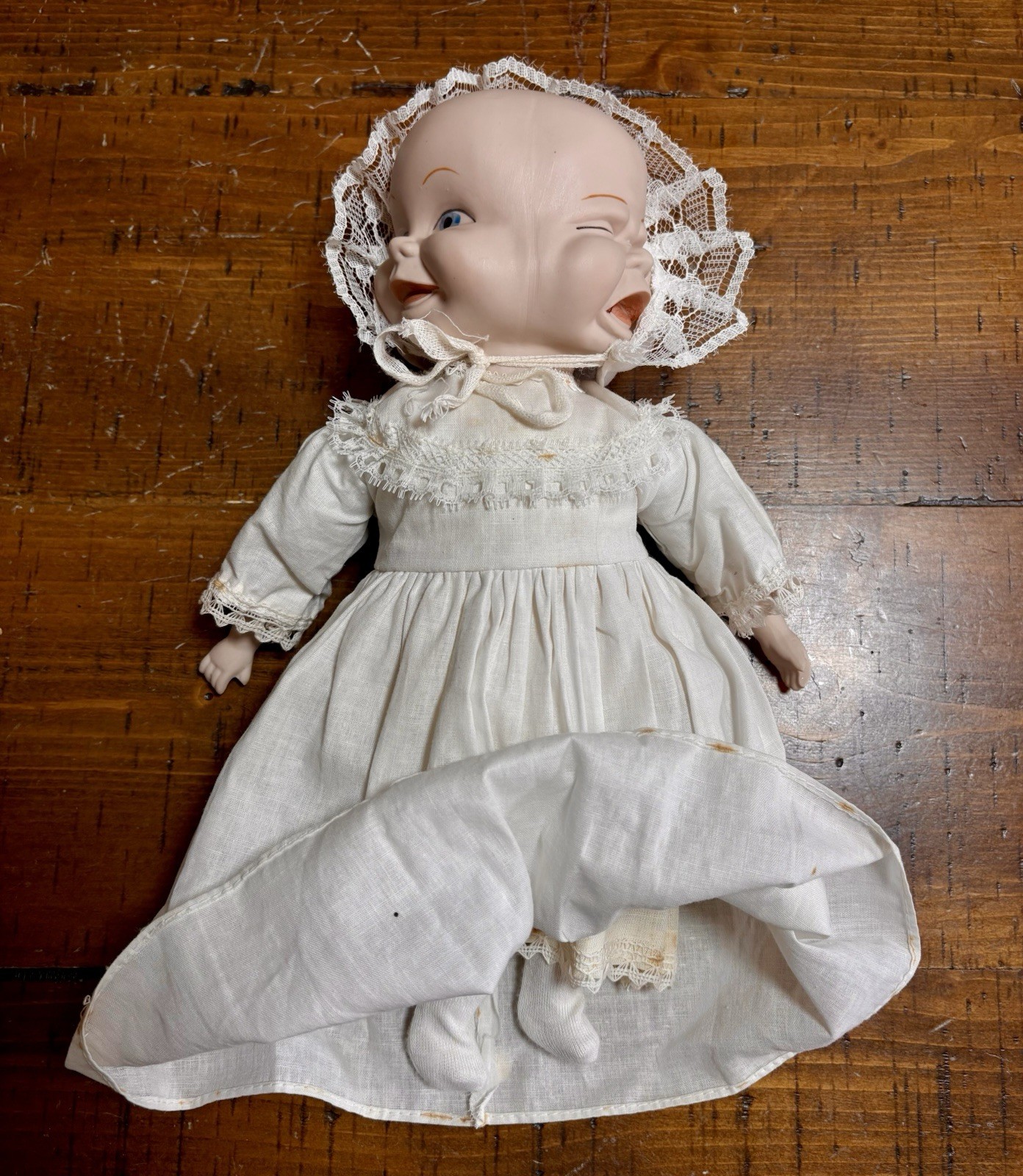 Vintage, 12″, 1970’s SHACKMAN 3 Faced Doll Porcelain W/ Cloth Dress & Body- READ