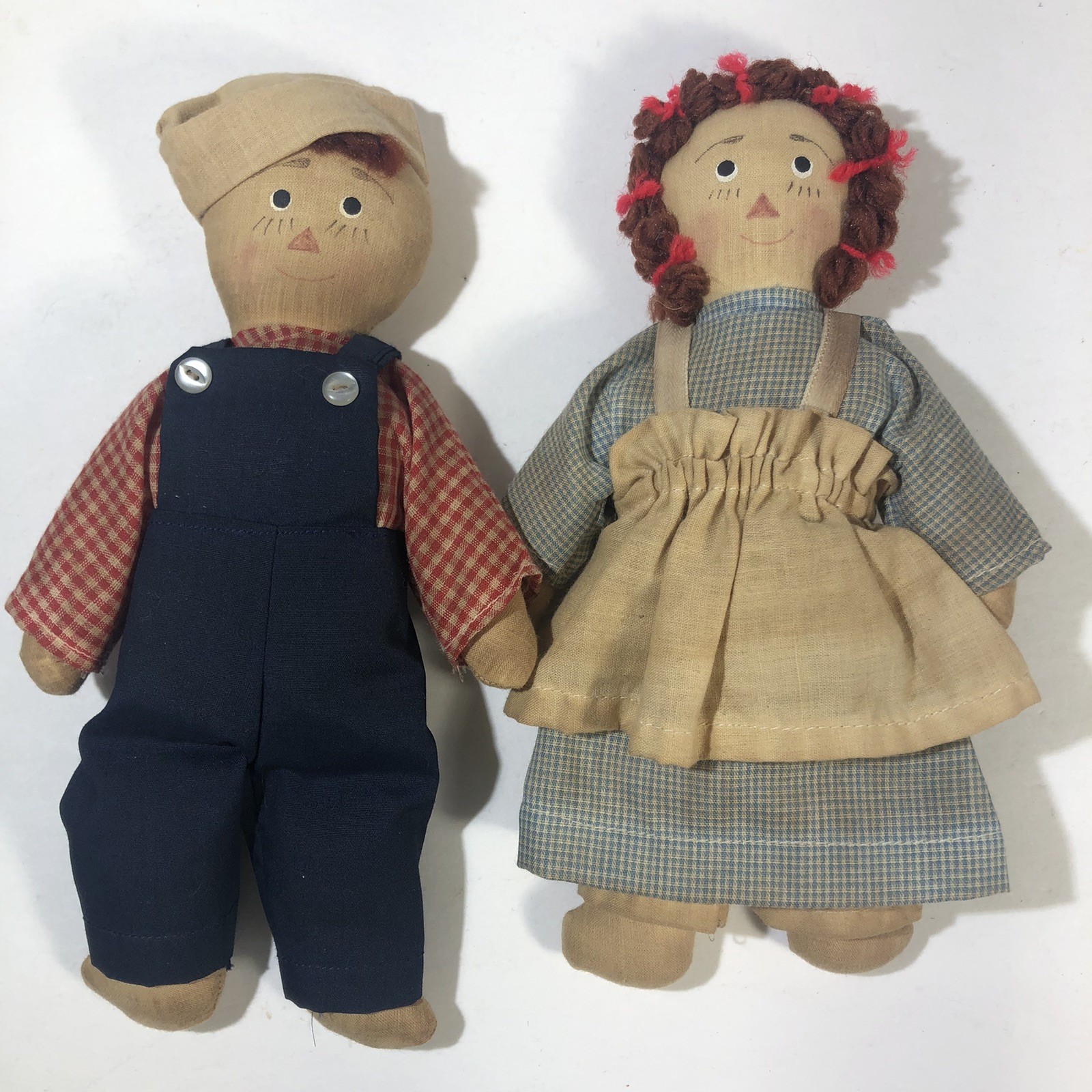 Primitive Style Raggedy Ann & Andy Fabric Craft Dolls Handmade Vintage 8”