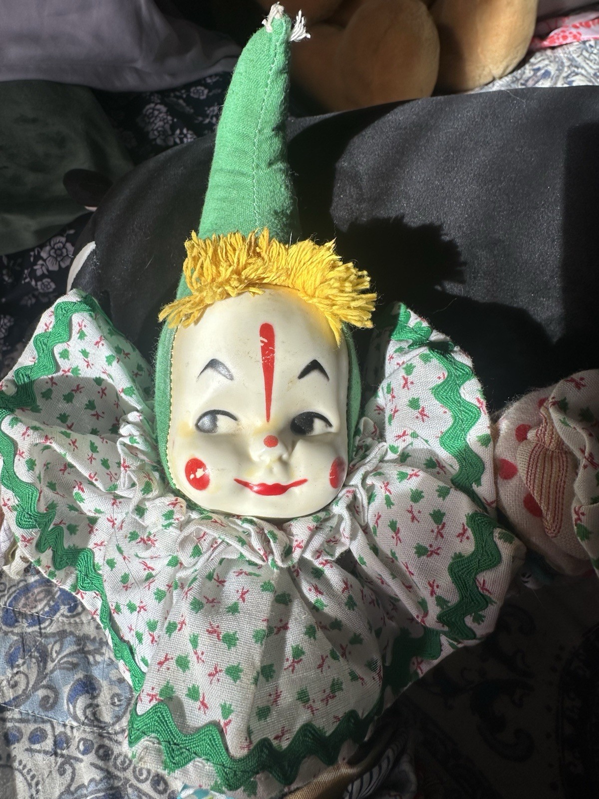 Vintage Yo-Yo Clown Pixie Elf Doll Fabric Circles Plastic Face Color