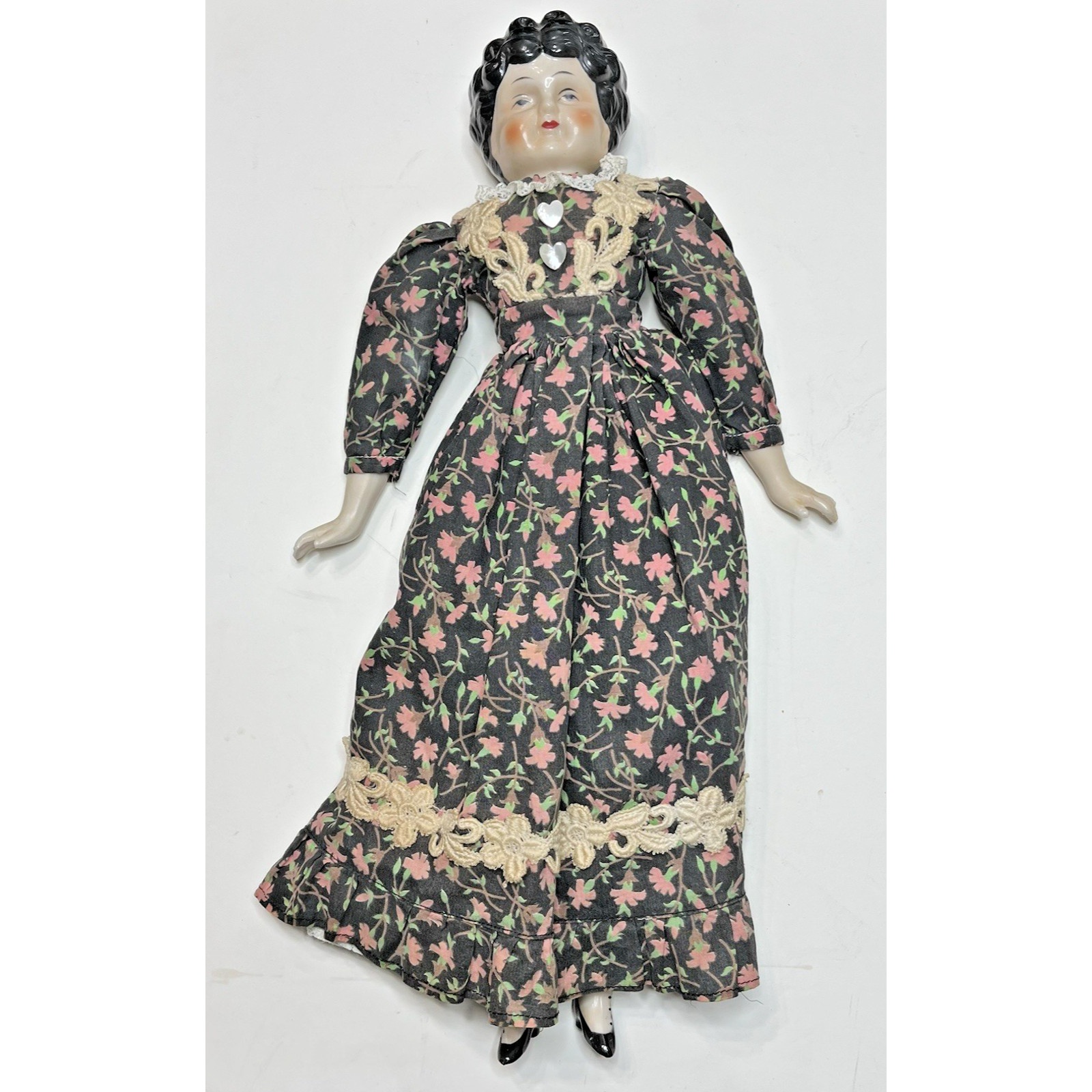 China Shoulder Plate Doll 17 in Tall Glazed Porcelain Head Fully Dressed Vintage