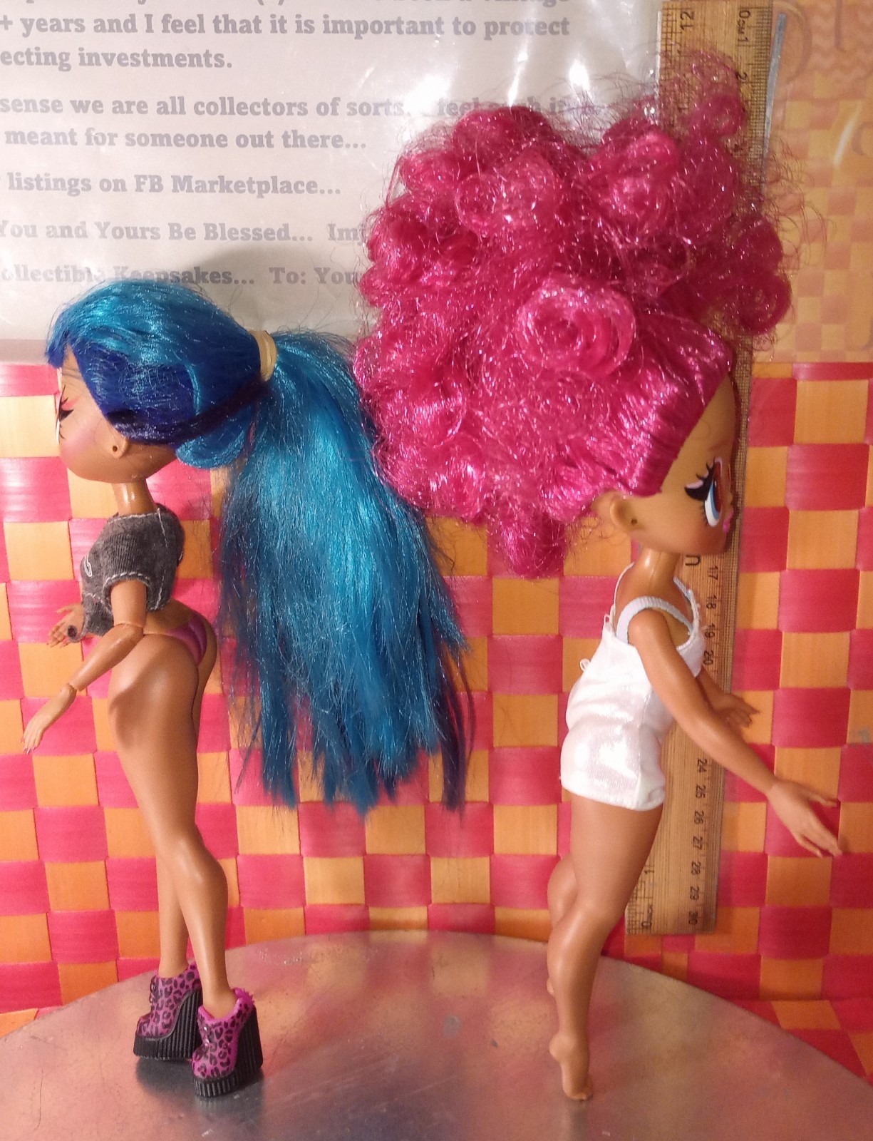 Dolls, OMG, Girl with blue hair and Girl in white outfit (UK), both 2019, 10″h b