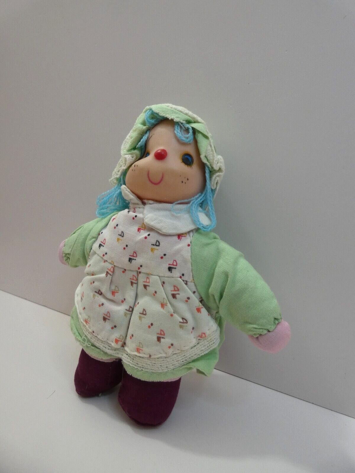 VTG Rag Ice Cream Doll Clown Blue Yarn Hair 7″ Rubber Face Cloth Body