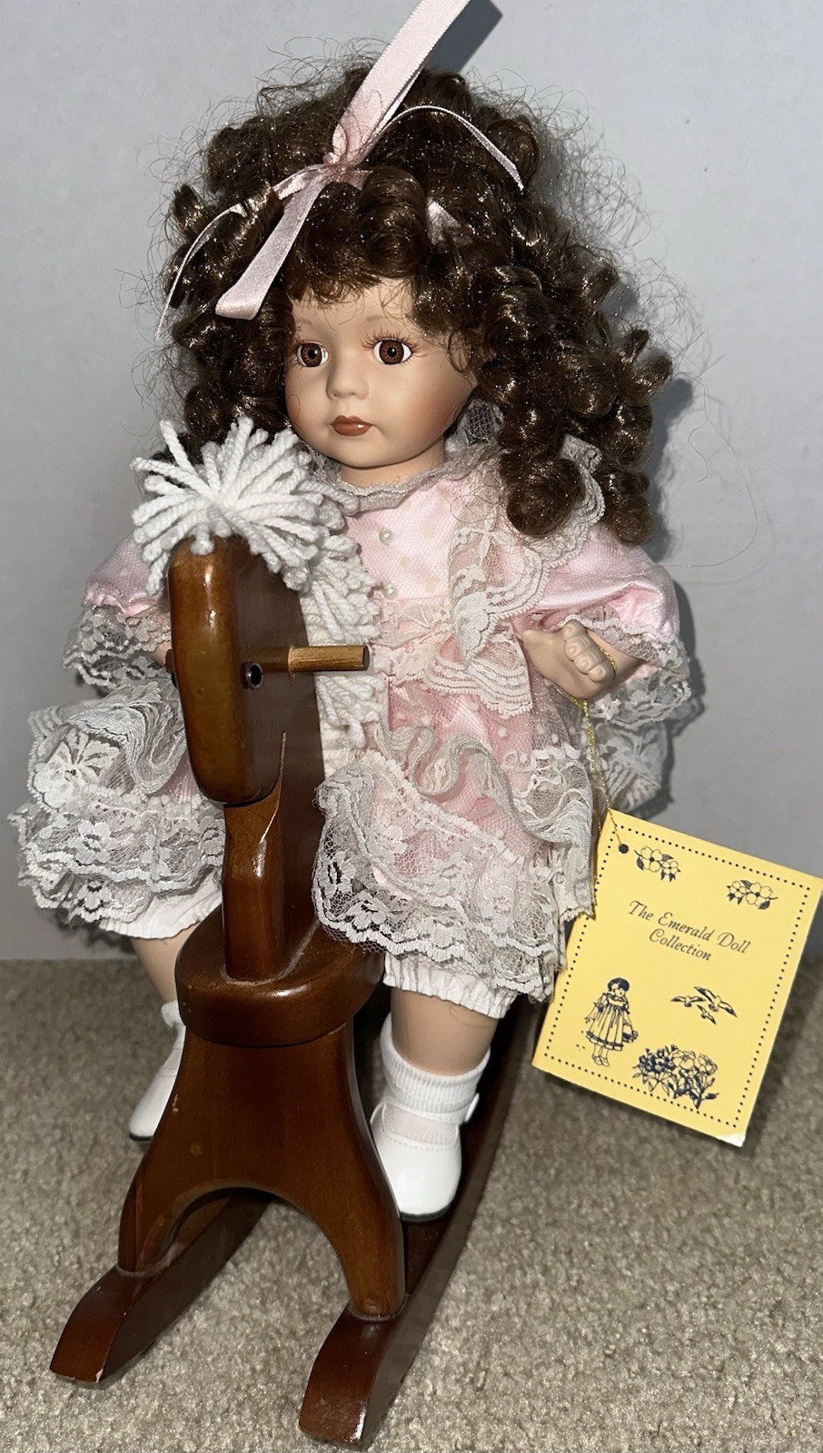 Vintage The Emerald Doll Collection Porcelain (KIM) W/Wooden Horse.