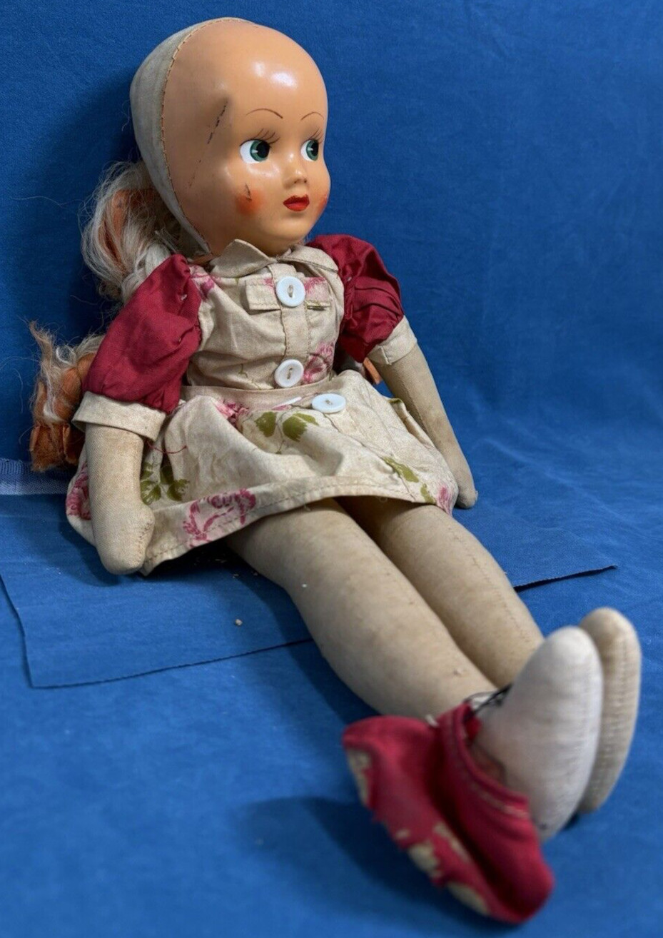 Vintage Plastic Hand Painted Face & Cloth Sawdust Fabric Body Doll