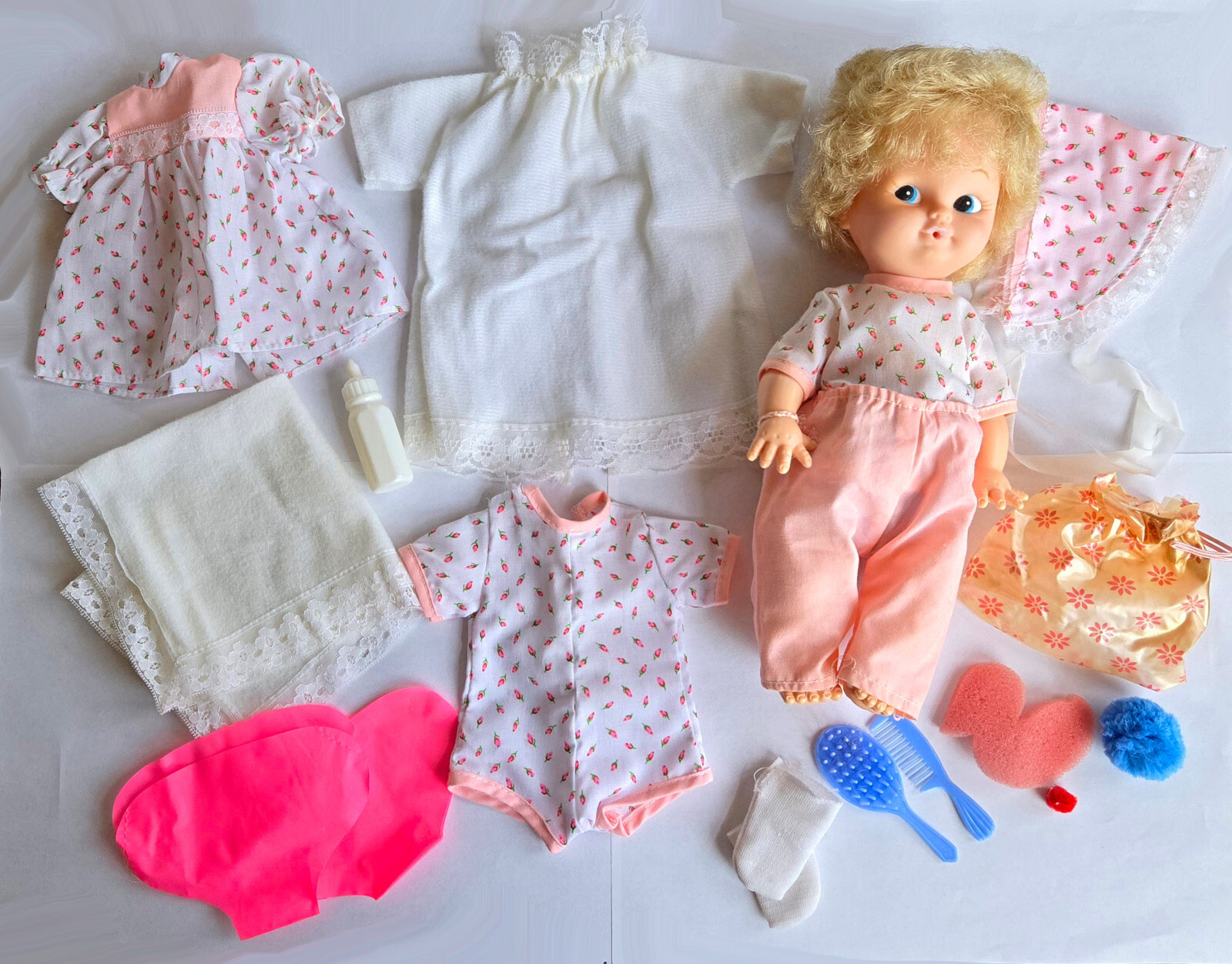 Vintage Blonde Baby Doll & Outfits, 1980s poseable doll, 11″ baby doll RARE FIND