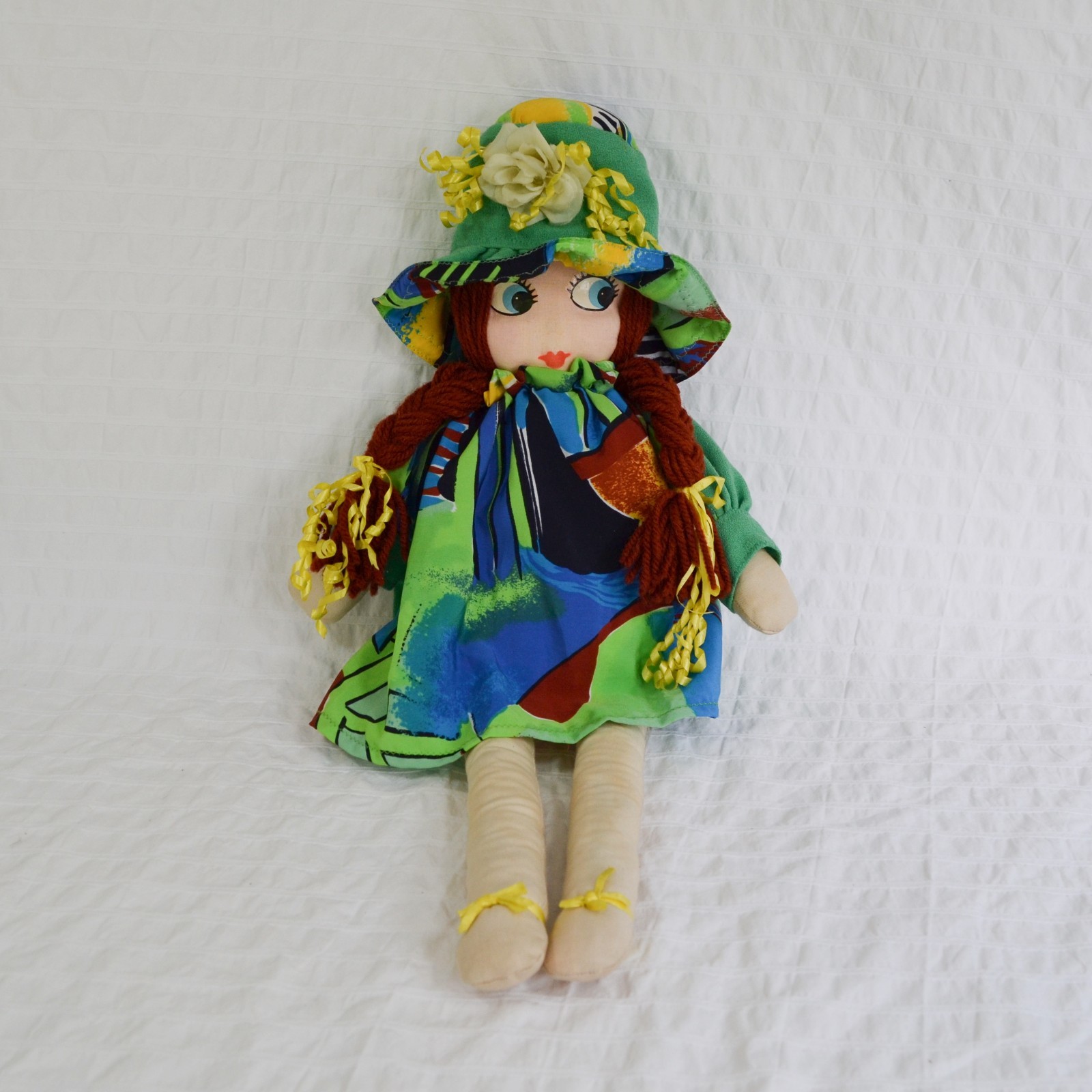 Vintage Handmade Rag Doll, 1970’s Style Fabric Dress and Hat, 50cm Doll