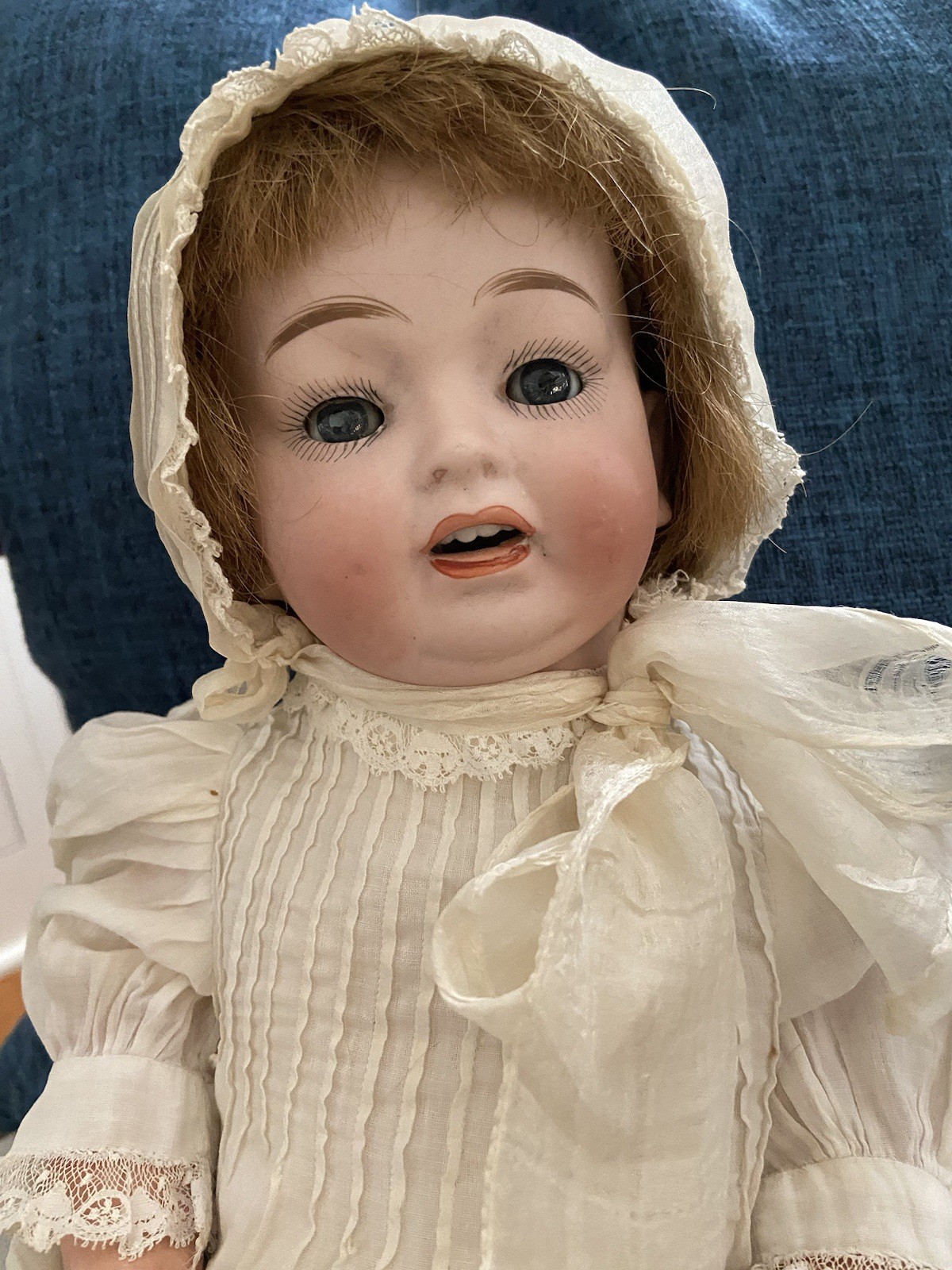 Antique Japan Morimura Brothers Bisque 14″ Baby doll,Human Hair Wig,Vtg. Attire
