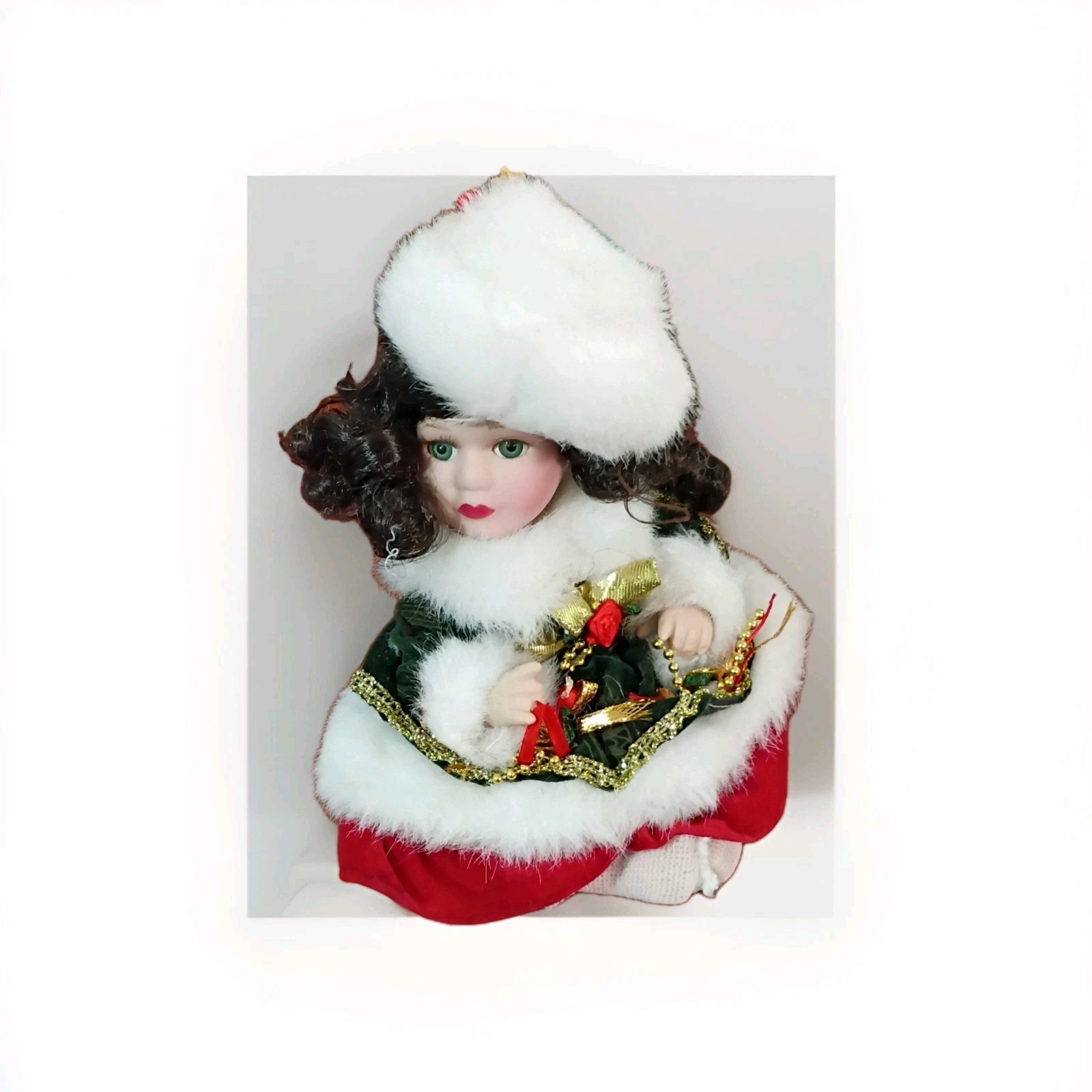 Porcelain Christmas Doll Curly Dark Brown Hair Green Eyes Festive Outfit