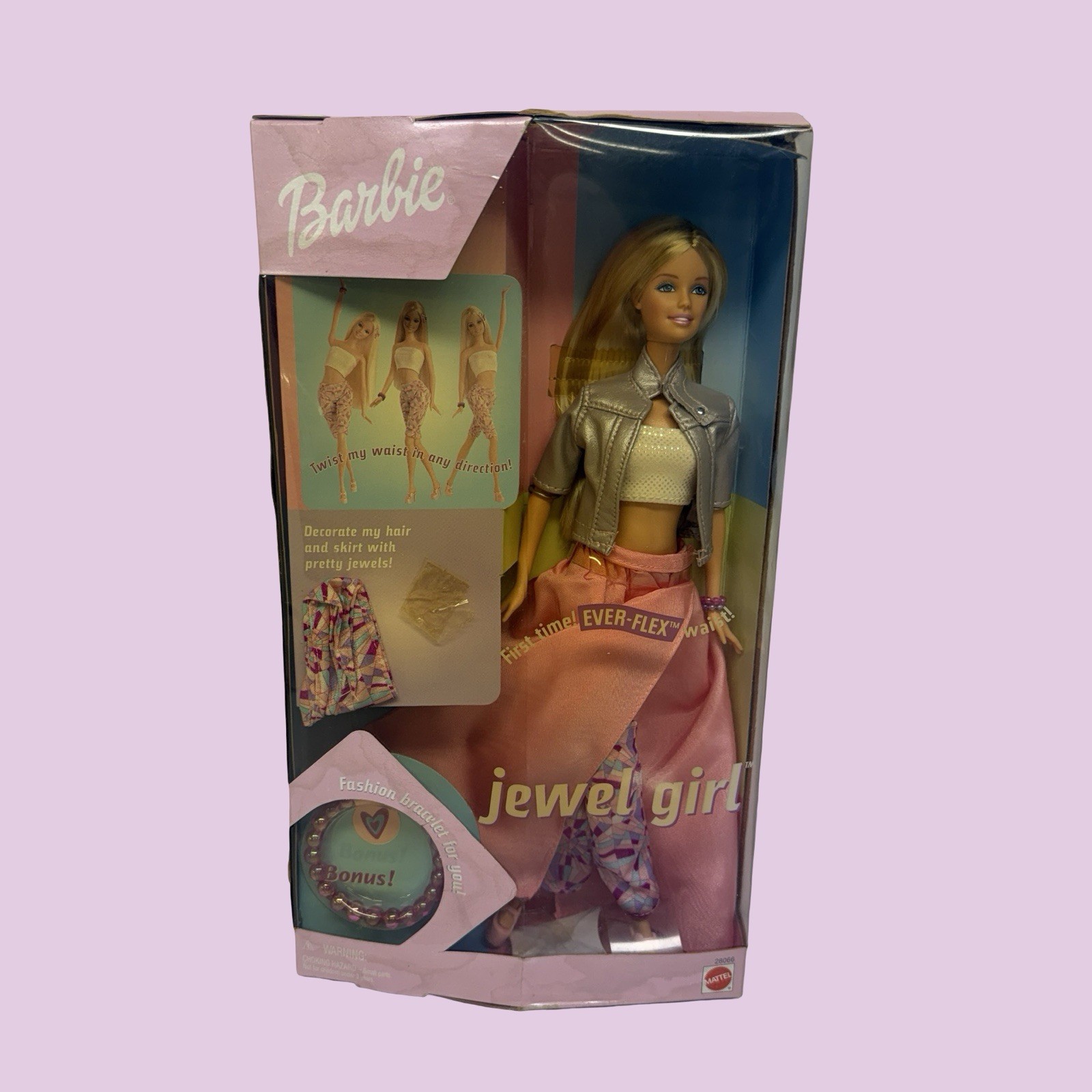 Barbie 2000 Jewel Girl Barbie Flex Waist Blonde NIB 28066 Bracelet Pink