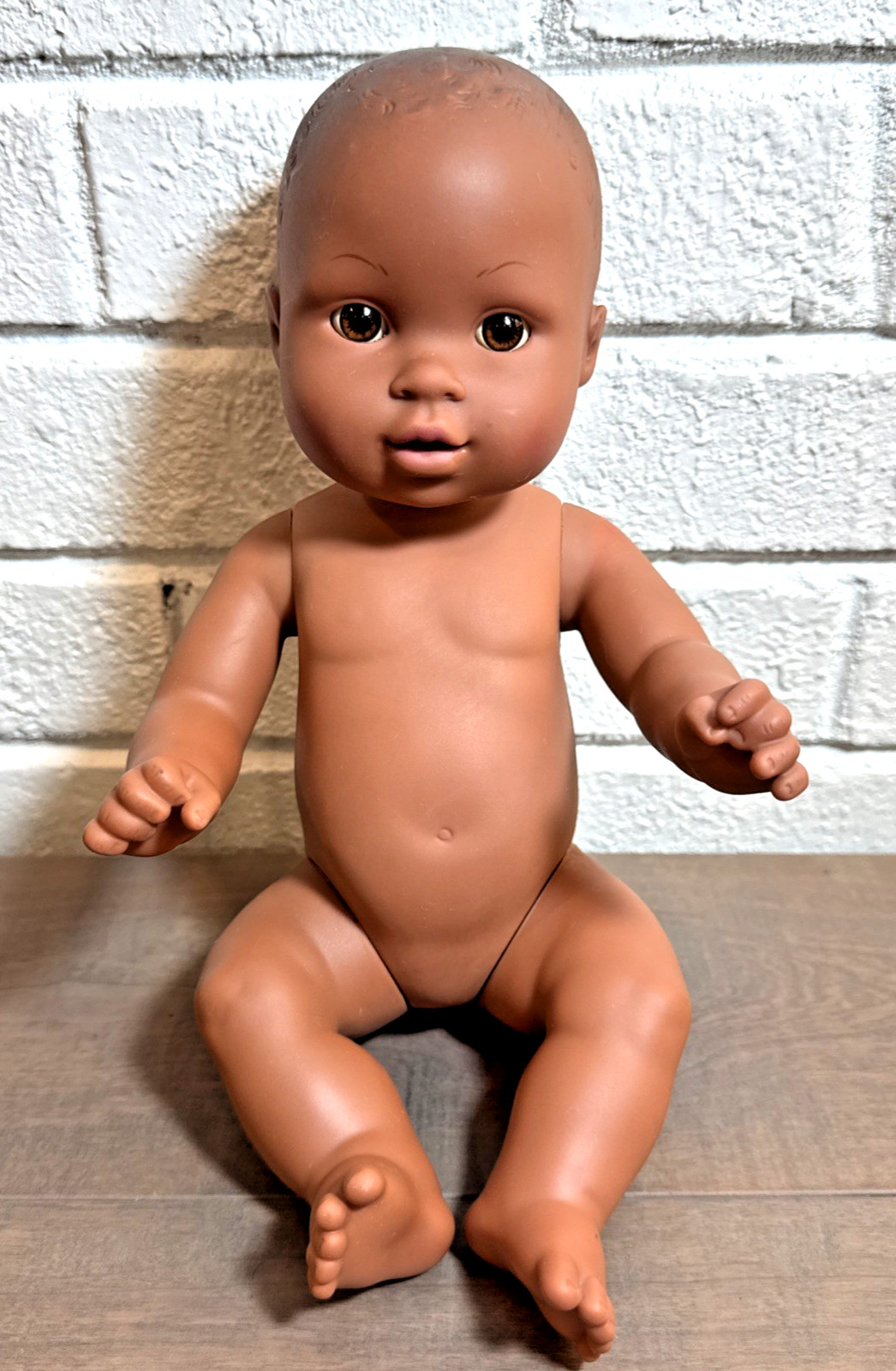 Vintage 2001 UNIMAX 12” Realistic Vinyl Brown Baby Doll Molded Hair Brown Eyes