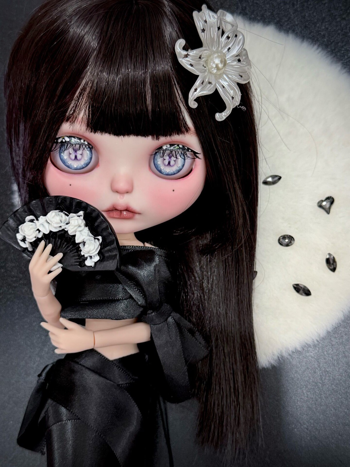 OOAK Custom ICY Blythe Style Doll White Skin Black Hair Full Doll Gift