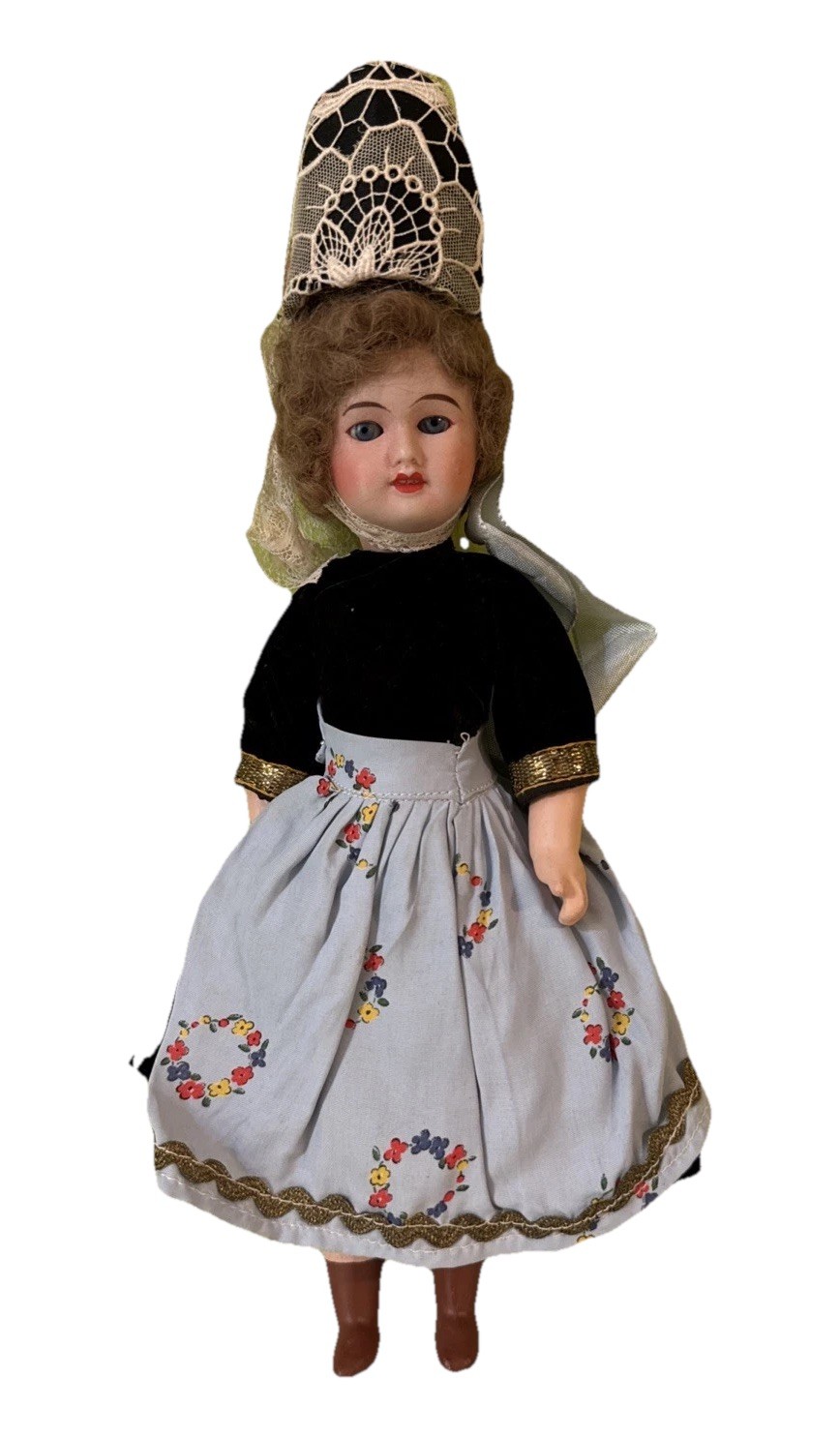 Antique French Fashion Doll Brittany Dress Sleep Glass Eyes Teeth As Found 10.5”