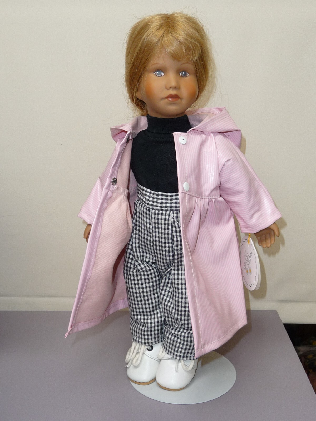 14″ German Karin Heller Vinyl & Cloth Doll w/ Blonde Human Hair Wig, Tag #r
