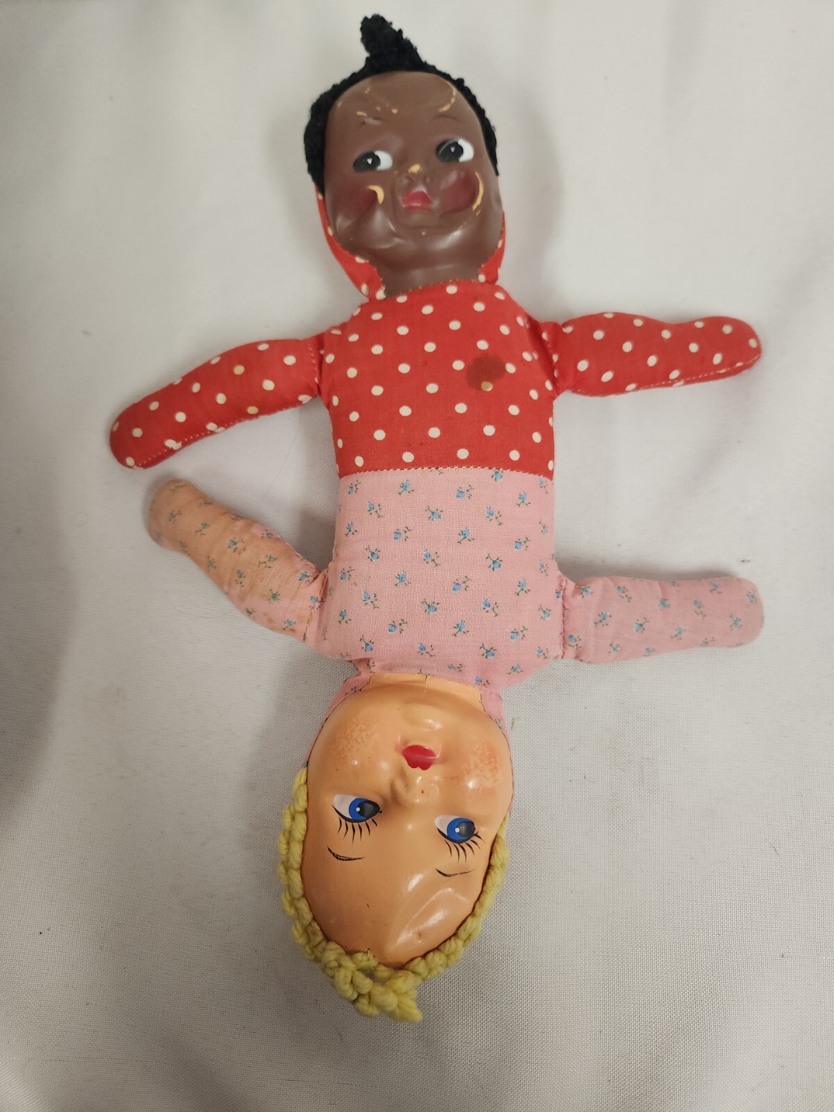 CLOTH & PLASTIC Topsy Turvy Doll African American & Caucasian 2 Headed 12″