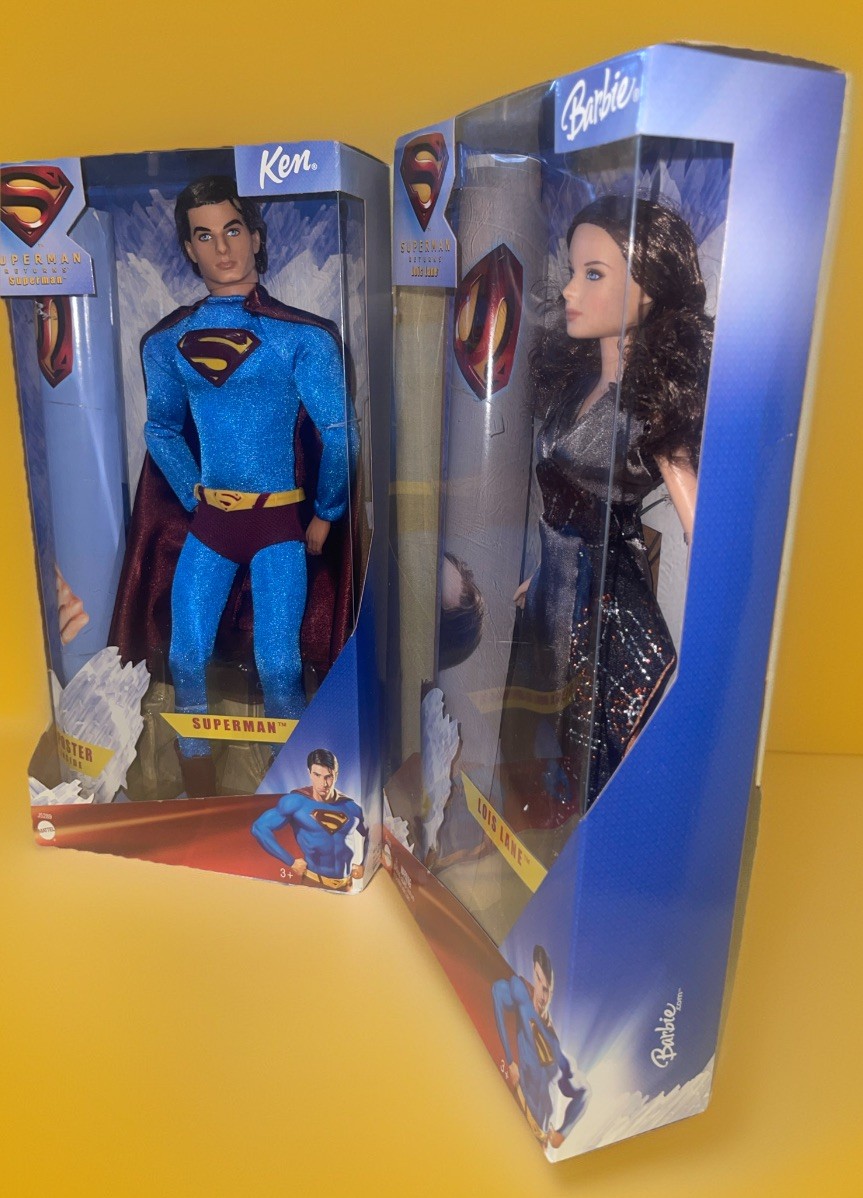 2005 Mattel DC Superman Returns Barbie & Ken Dolls w/Posters NOS